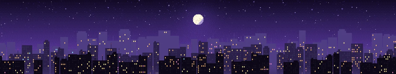 Purple Pixel Art City triple monitor wallpaper, 7680 × 1440