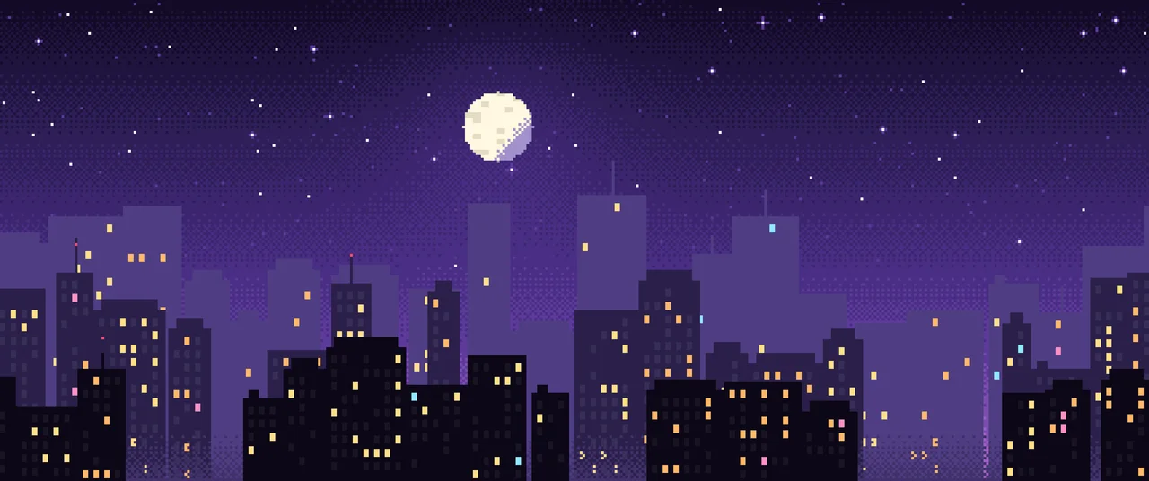 Purple Pixel Art City ultrawide wallpaper, 3440 × 1440