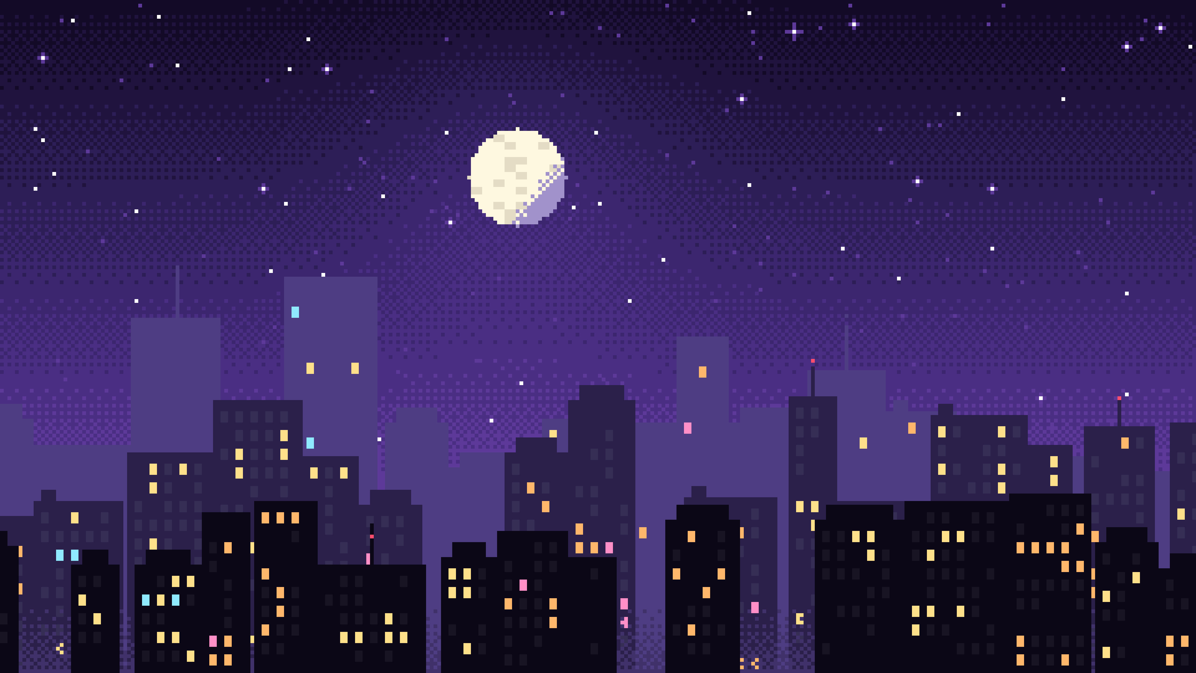 Purple Pixel Art City desktop wallpaper in 4K