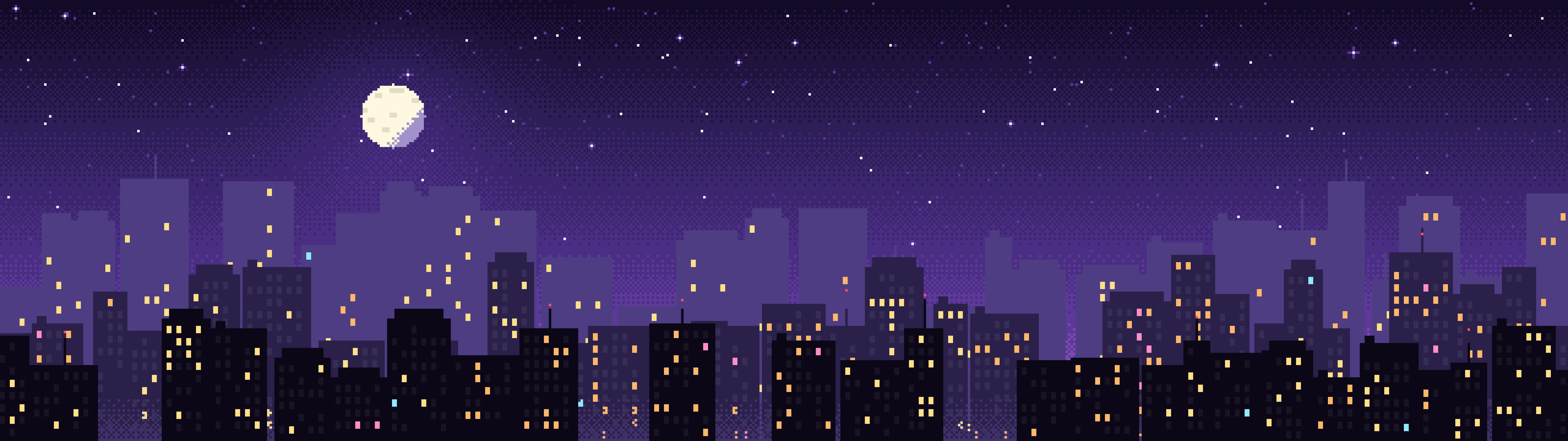 Purple Pixel Art City dual monitor wallpaper, 7680 × 2160