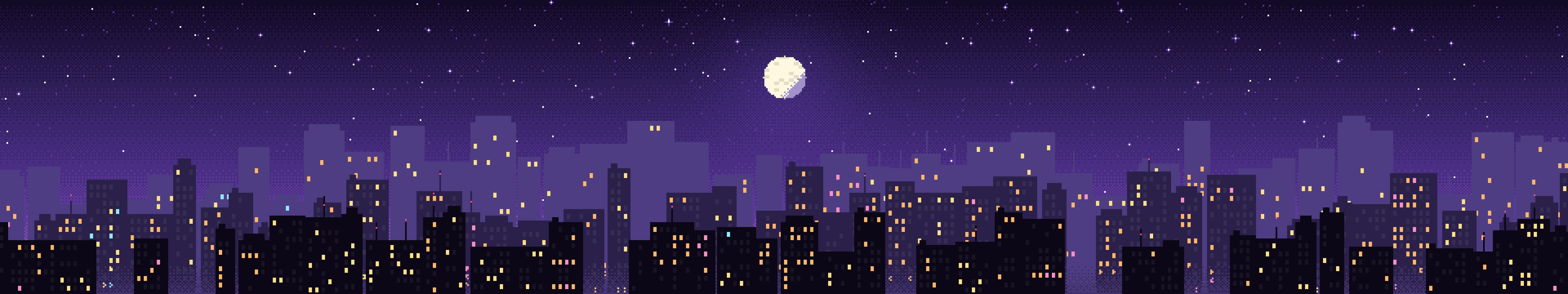 Purple Pixel Art City triple monitor wallpaper, 7680 × 1440