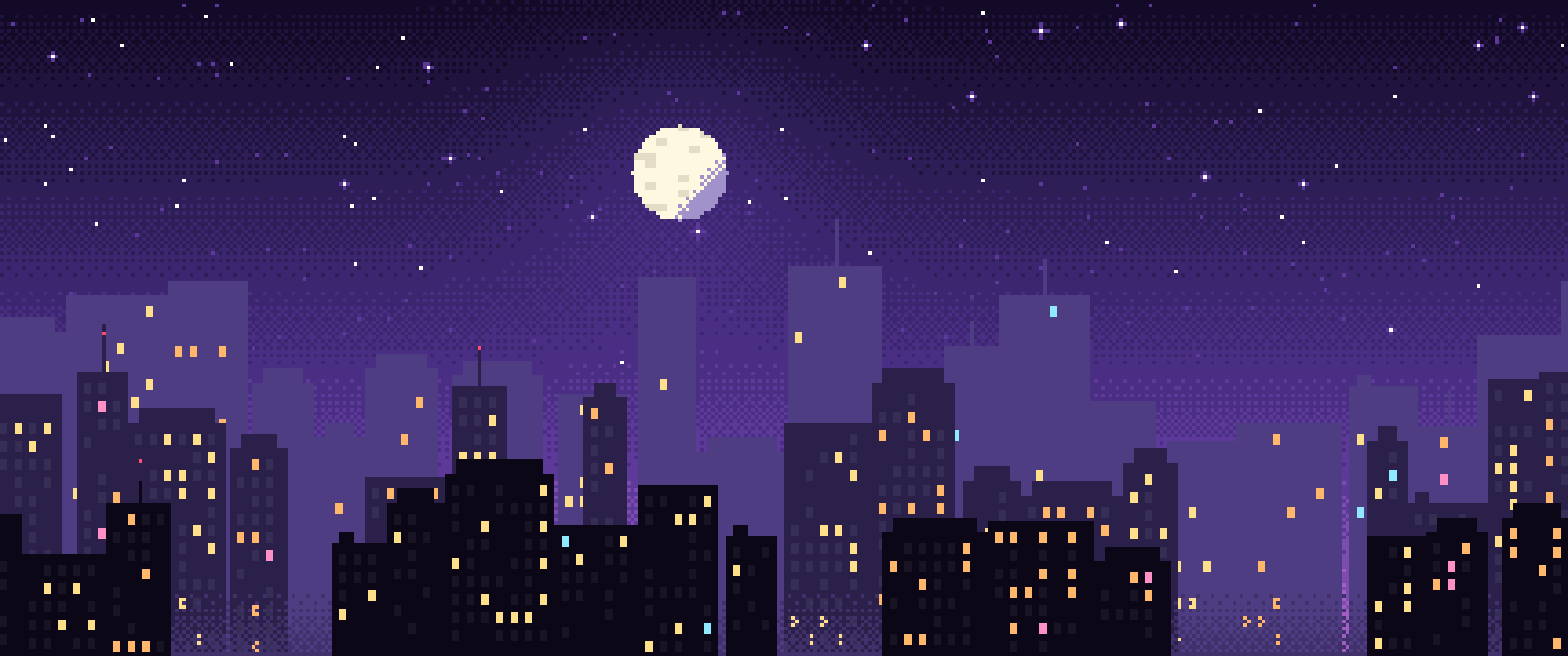Purple Pixel Art City ultrawide wallpaper, 3440 × 1440