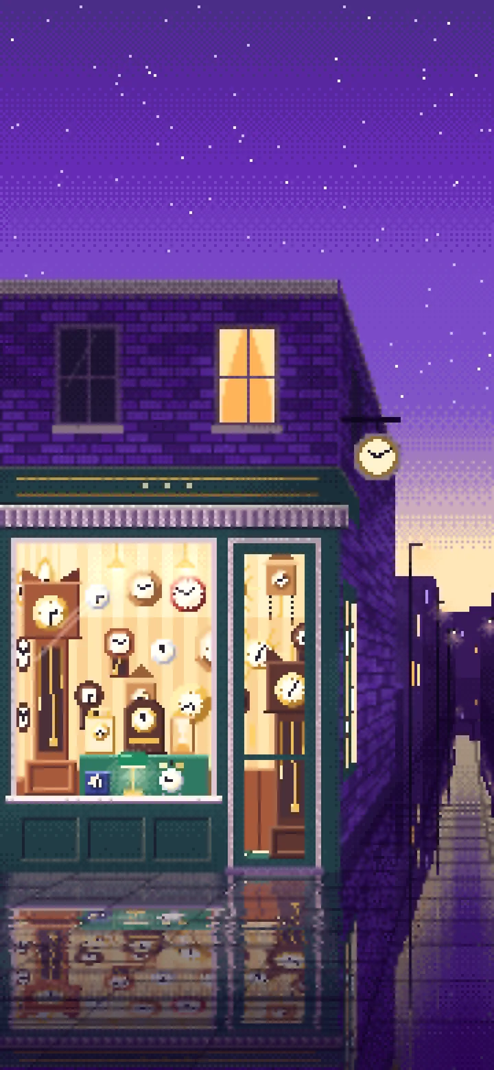 Purple Pixel Art Clock Shop wallpaper for iPhone and Android