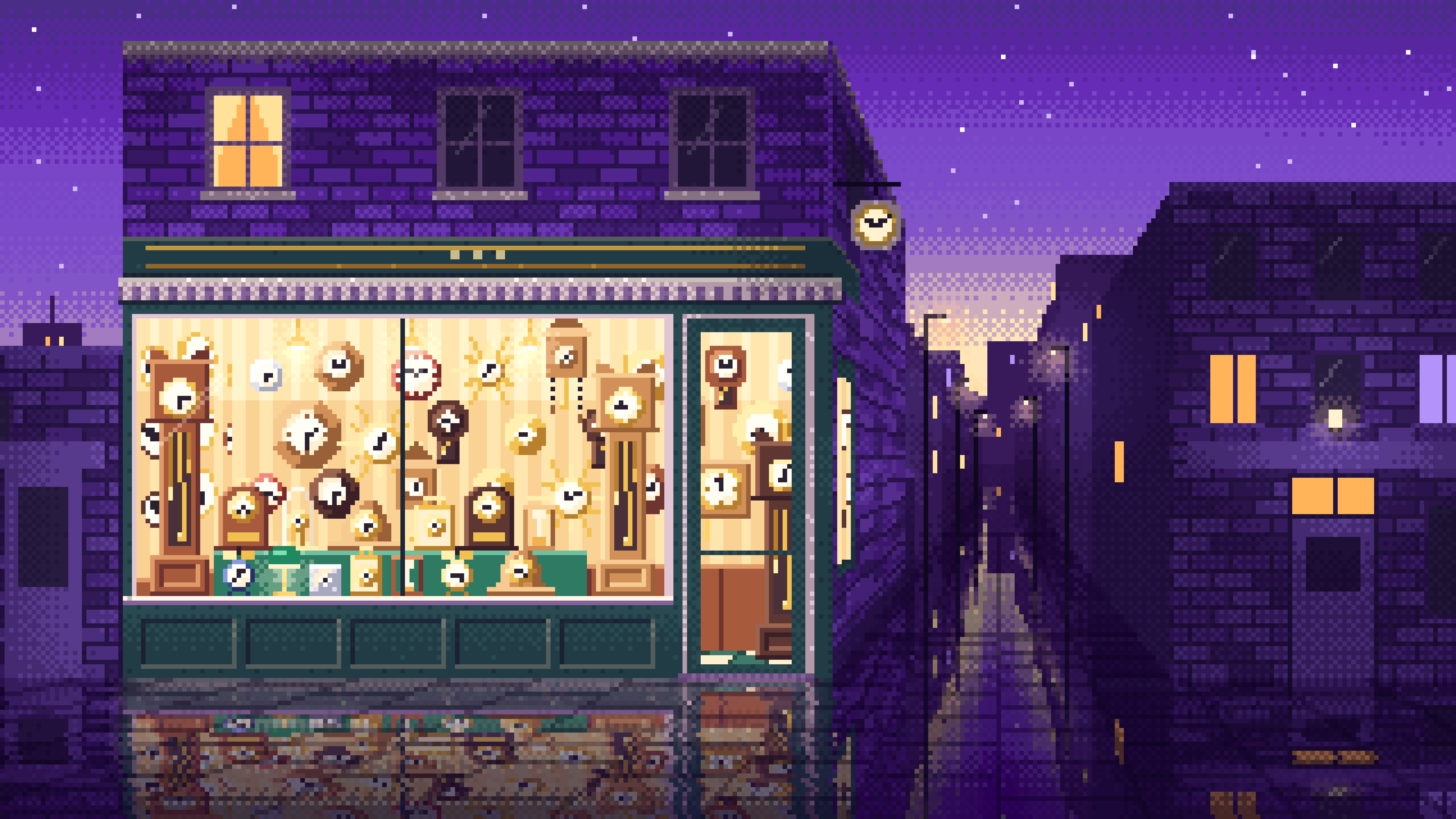 Purple Pixel Art Clock Shop desktop wallpaper in 4K