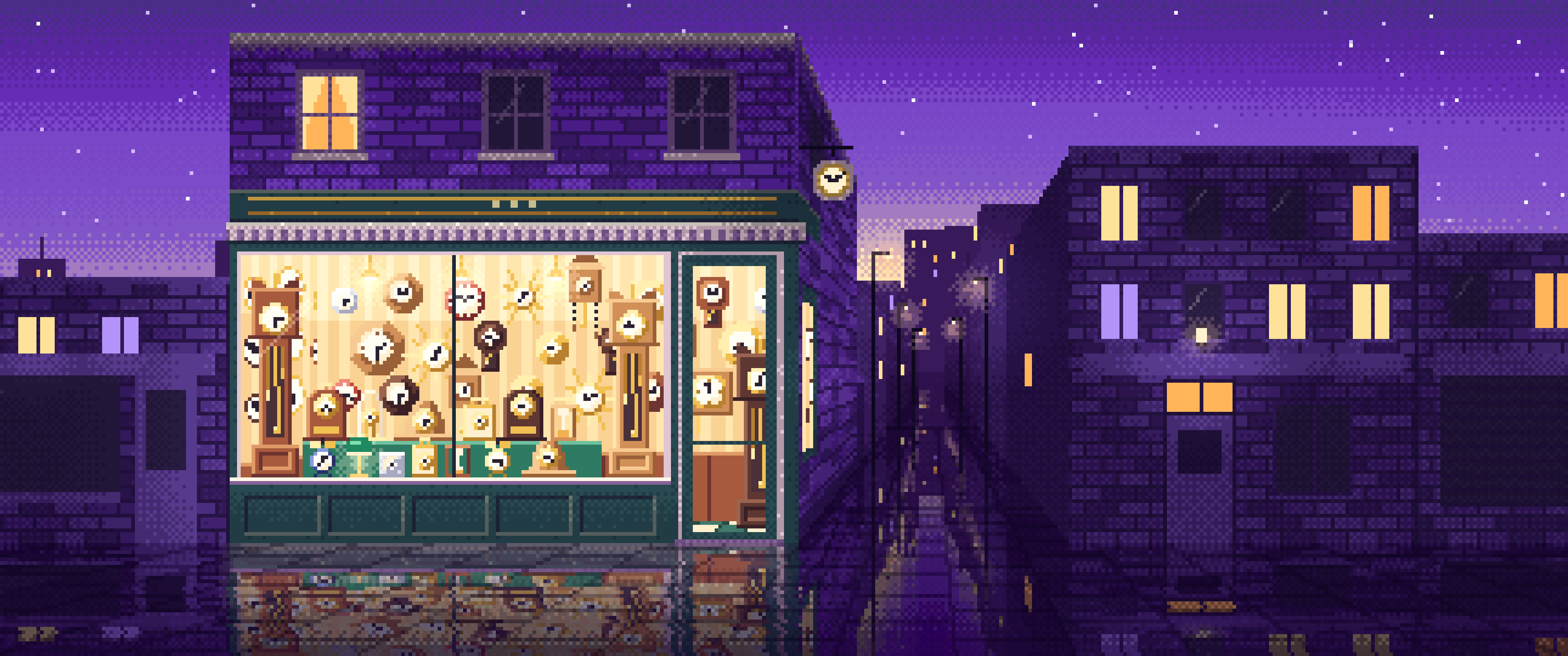 Purple Pixel Art Clock Shop ultrawide wallpaper, 3440 × 1440
