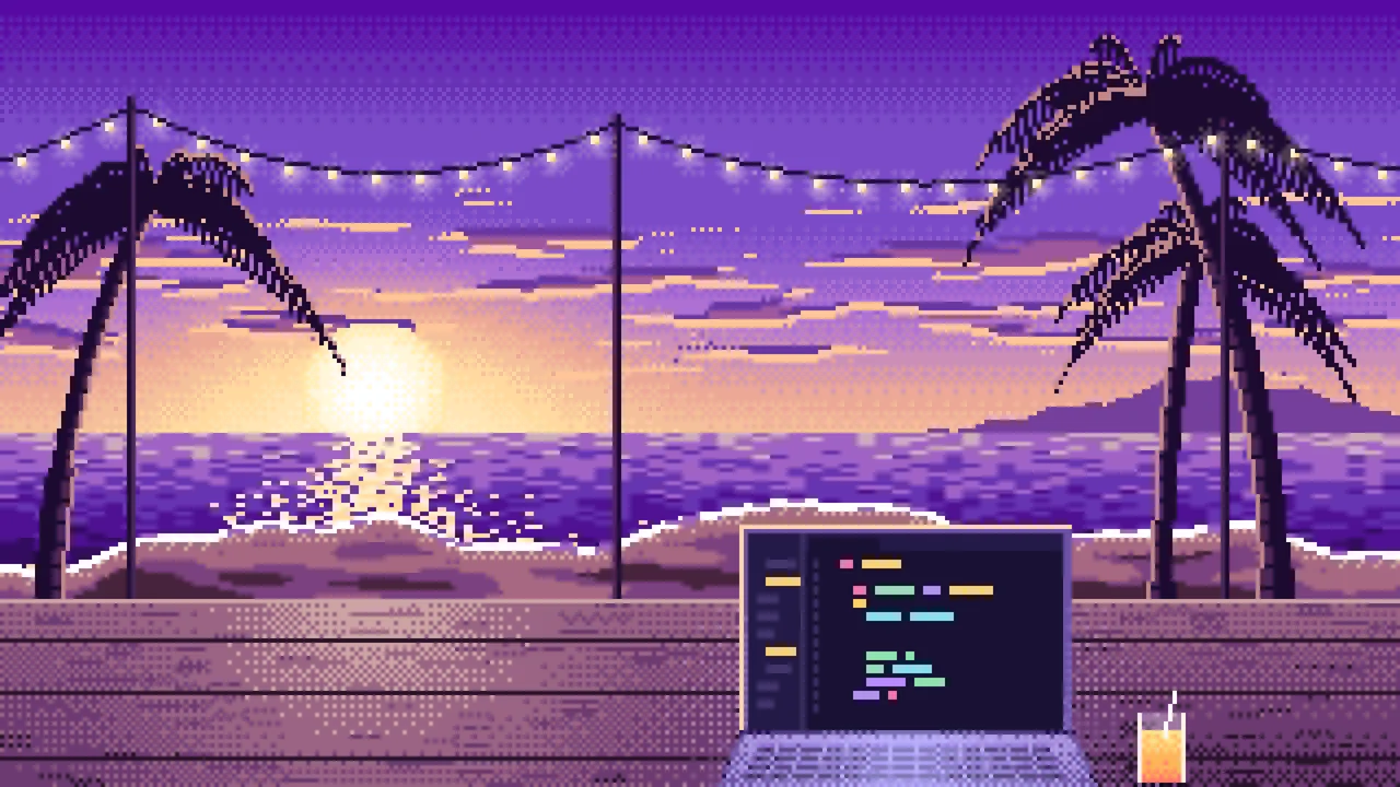 Purple Pixel Art Coding at the Beach at Sunset desktop wallpaper in 4K