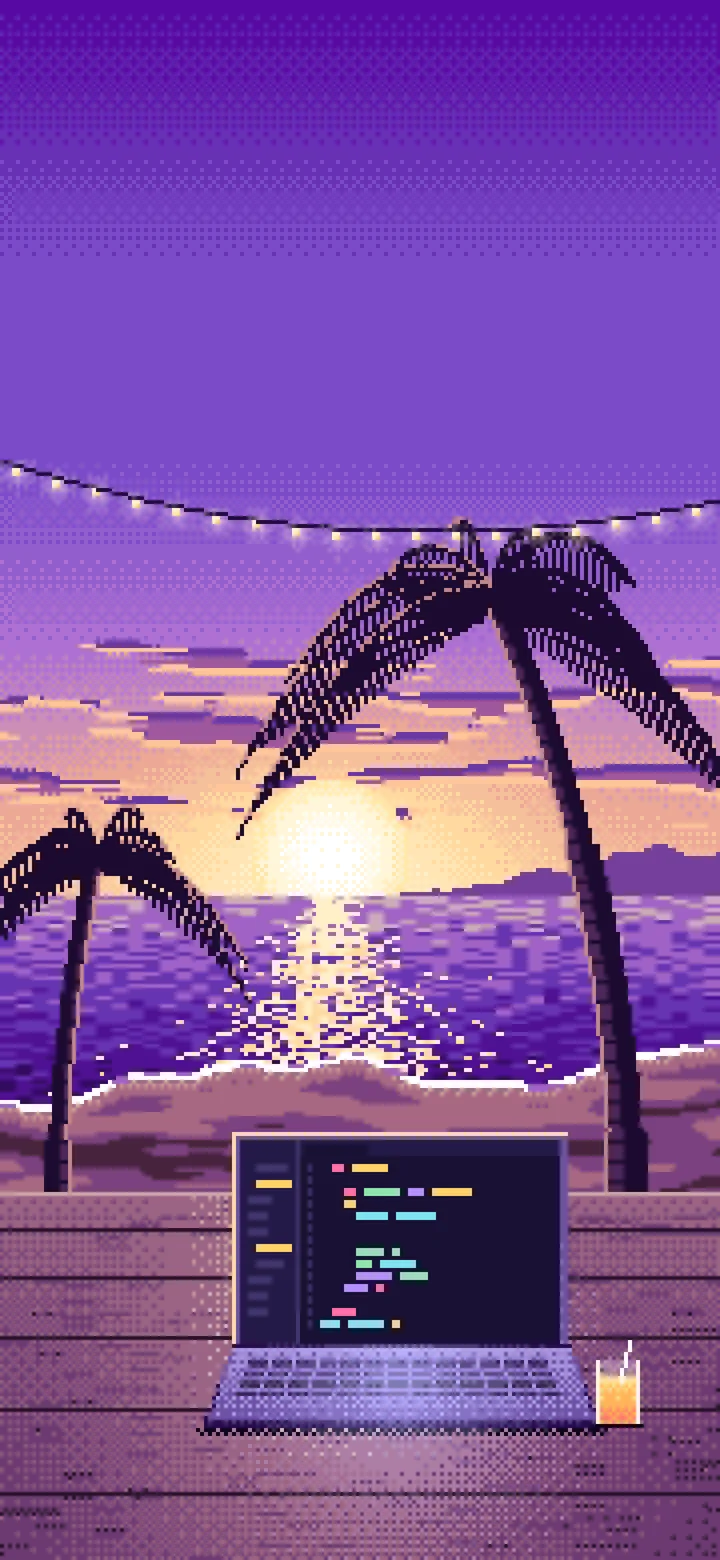 Purple Pixel Art Coding at the Beach at Sunset wallpaper for iPhone and Android