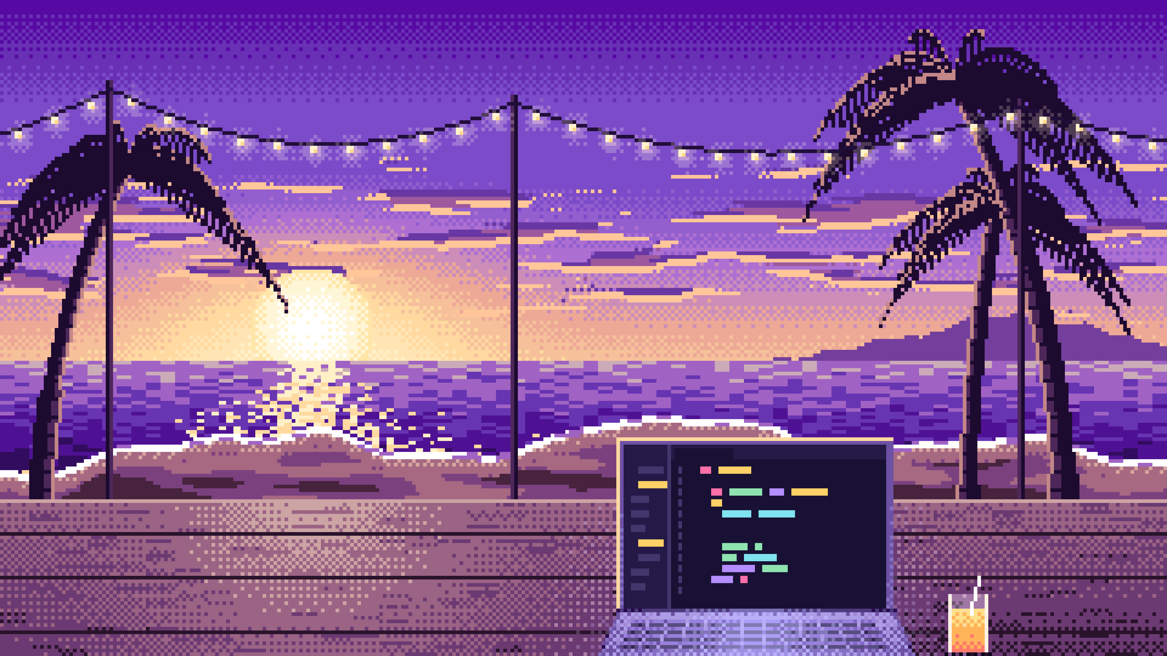 Purple Pixel Art Coding at the Beach at Sunset desktop wallpaper in 4K