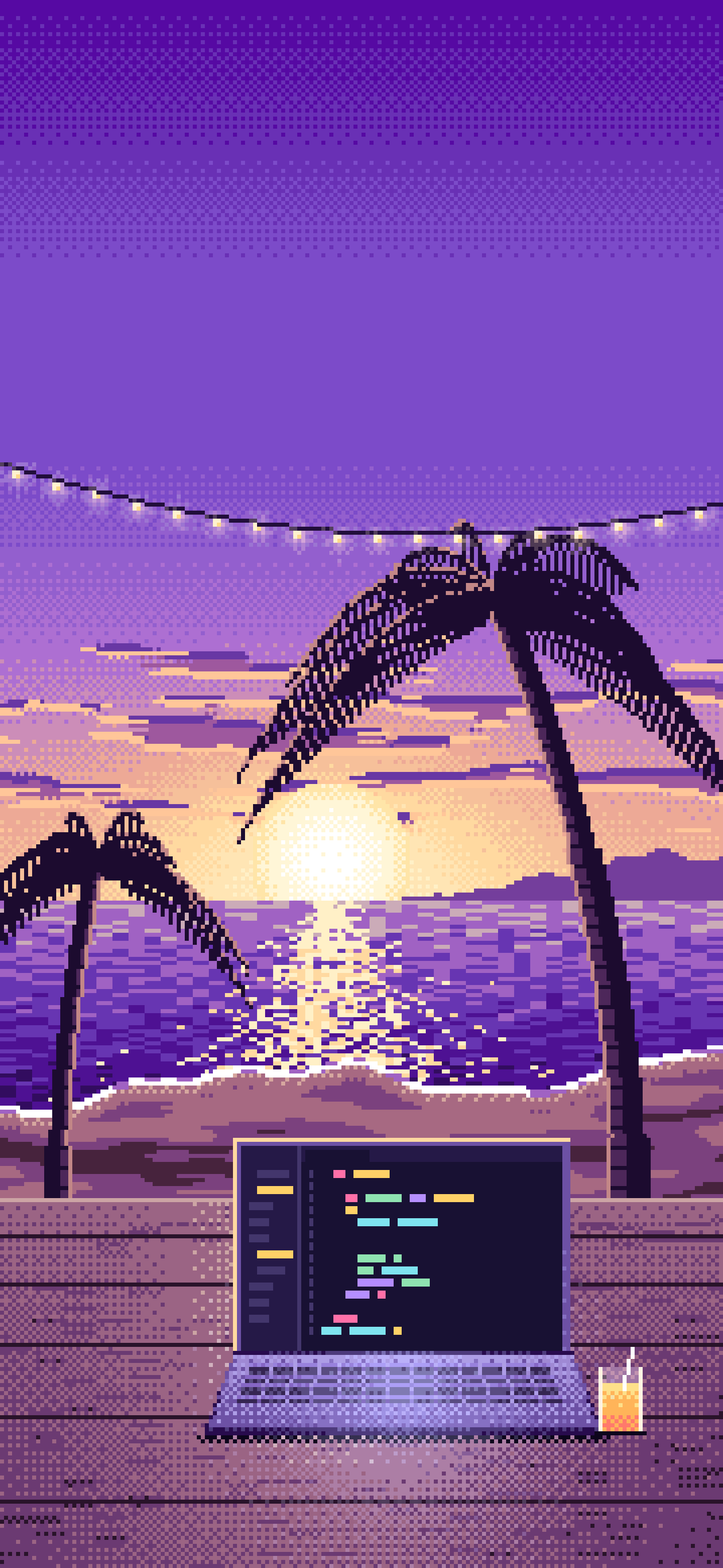 Purple Pixel Art Coding at the Beach at Sunset wallpaper for iPhone and Android