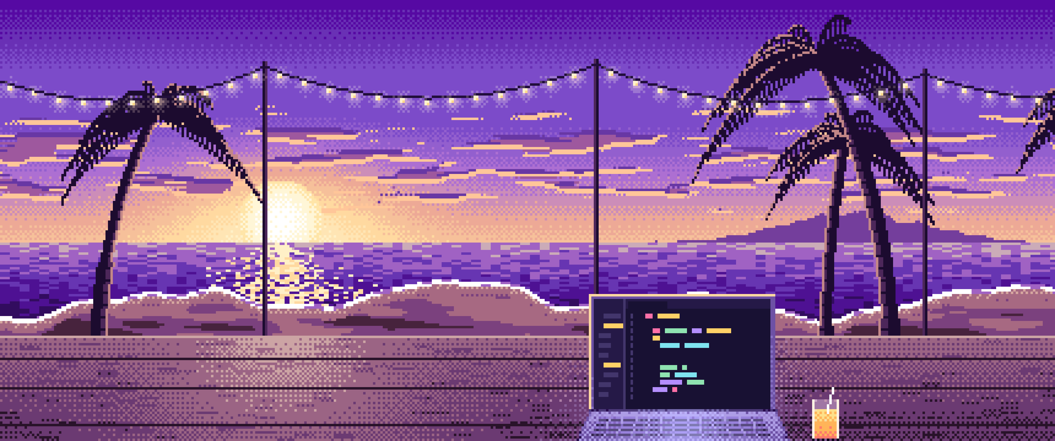 Purple Pixel Art Coding at the Beach at Sunset ultrawide wallpaper, 3440 × 1440