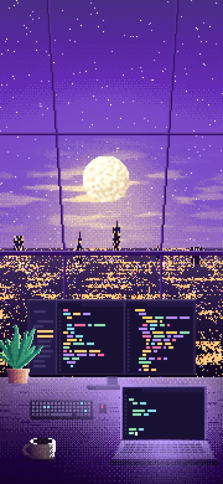 Purple Pixel Art Coding Desk Under a Skylight wallpaper for iPhone and Android