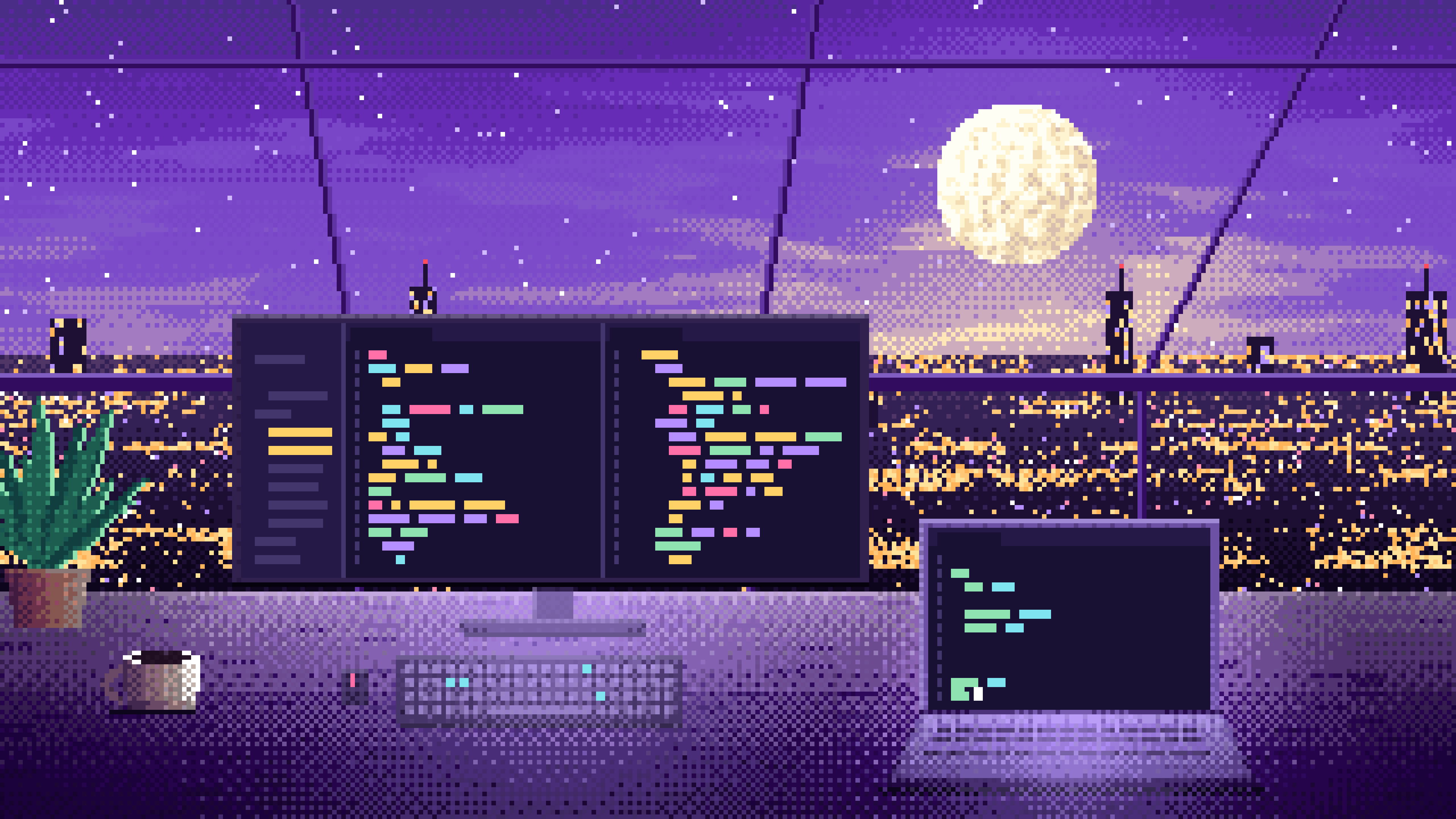 Purple Pixel Art Coding Desk Under a Skylight desktop wallpaper in 4K