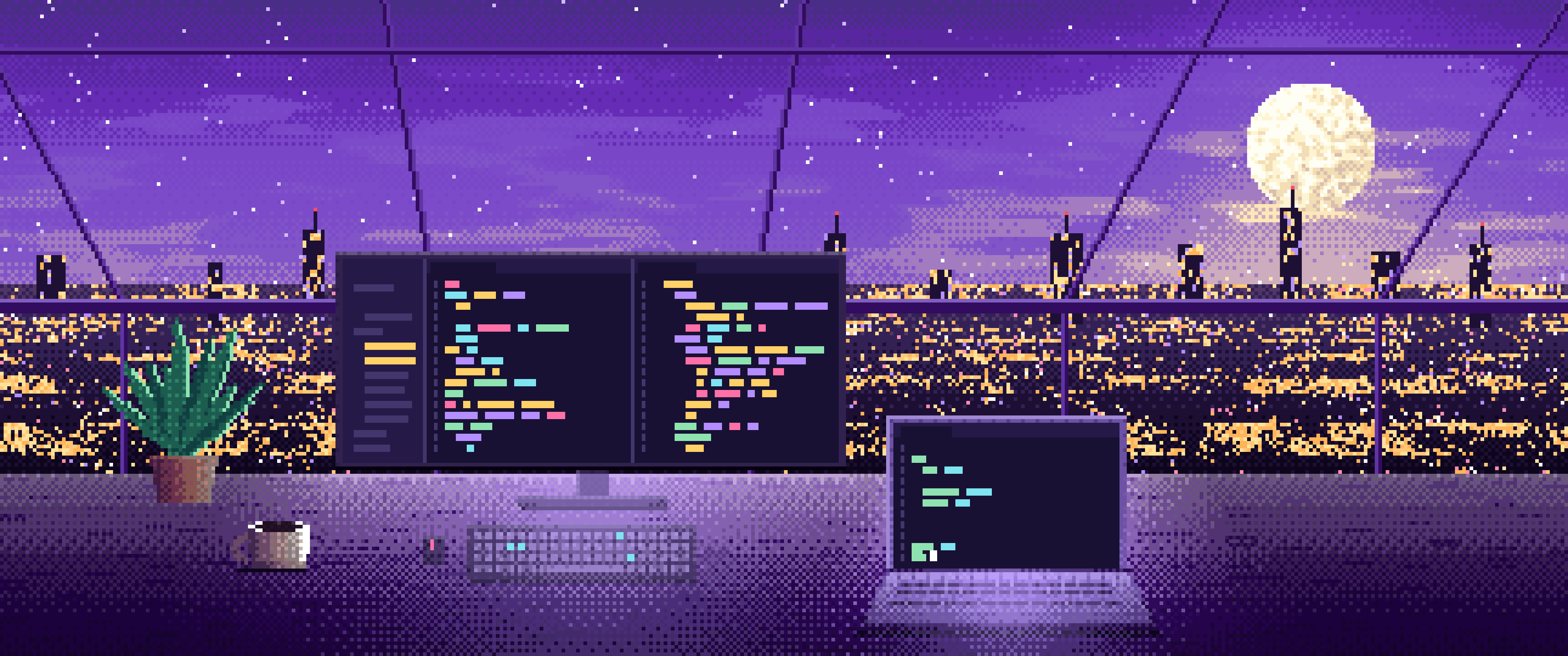 Purple Pixel Art Coding Desk Under a Skylight ultrawide wallpaper, 3440 × 1440