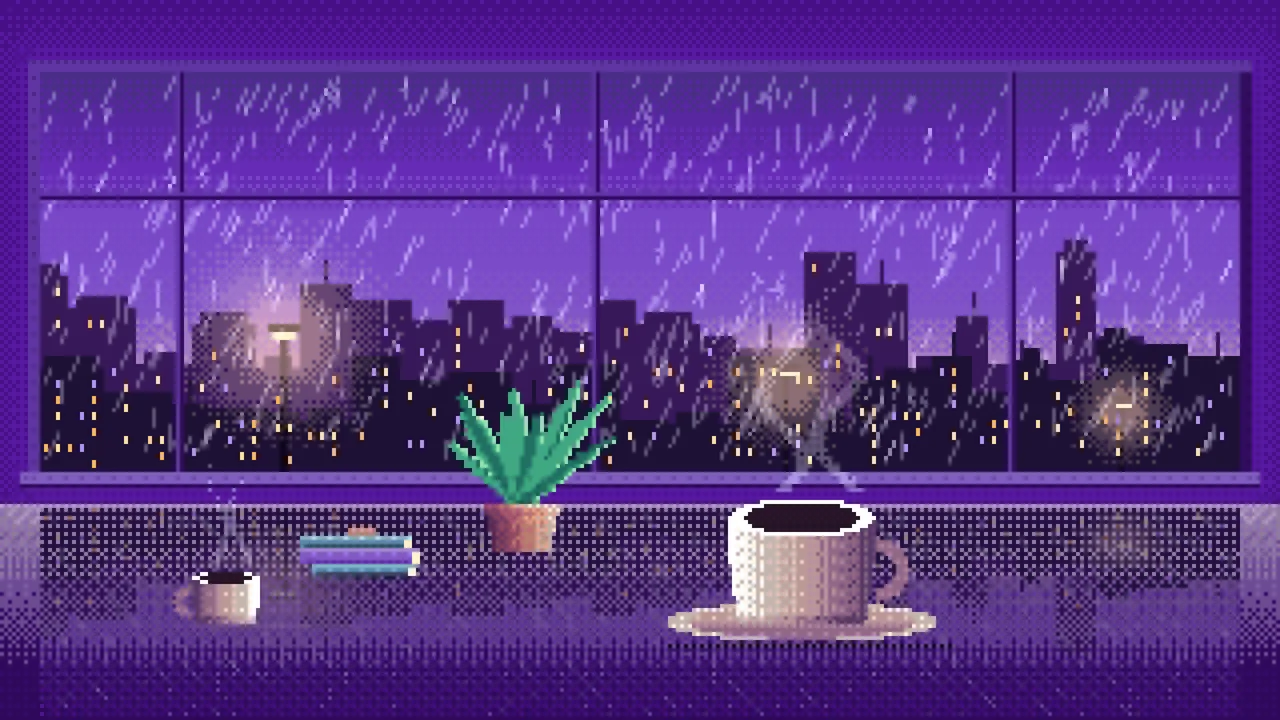 Purple Pixel Art Coffee by a Rainy Window desktop wallpaper in 4K