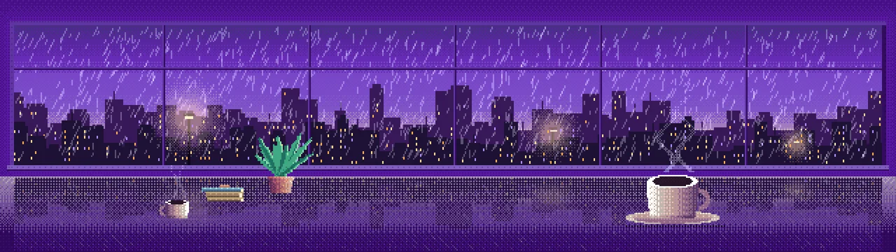 Purple Pixel Art Coffee by a Rainy Window dual monitor wallpaper, 7680 × 2160
