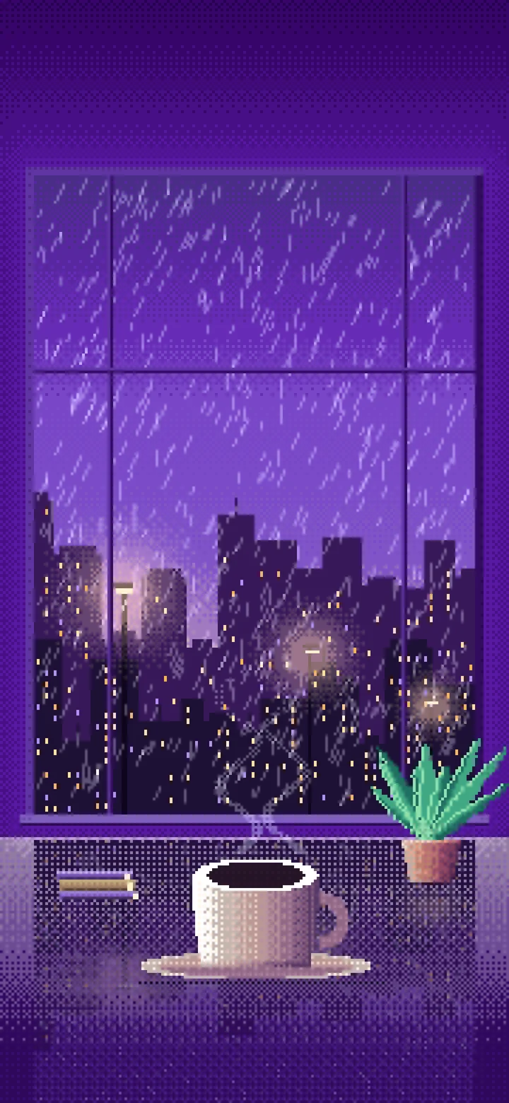 Purple Pixel Art Coffee by a Rainy Window wallpaper for iPhone and Android