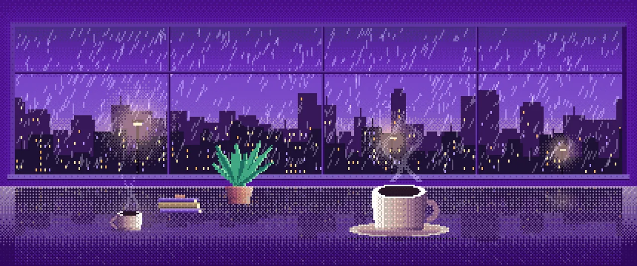 Purple Pixel Art Coffee by a Rainy Window ultrawide wallpaper, 3440 × 1440