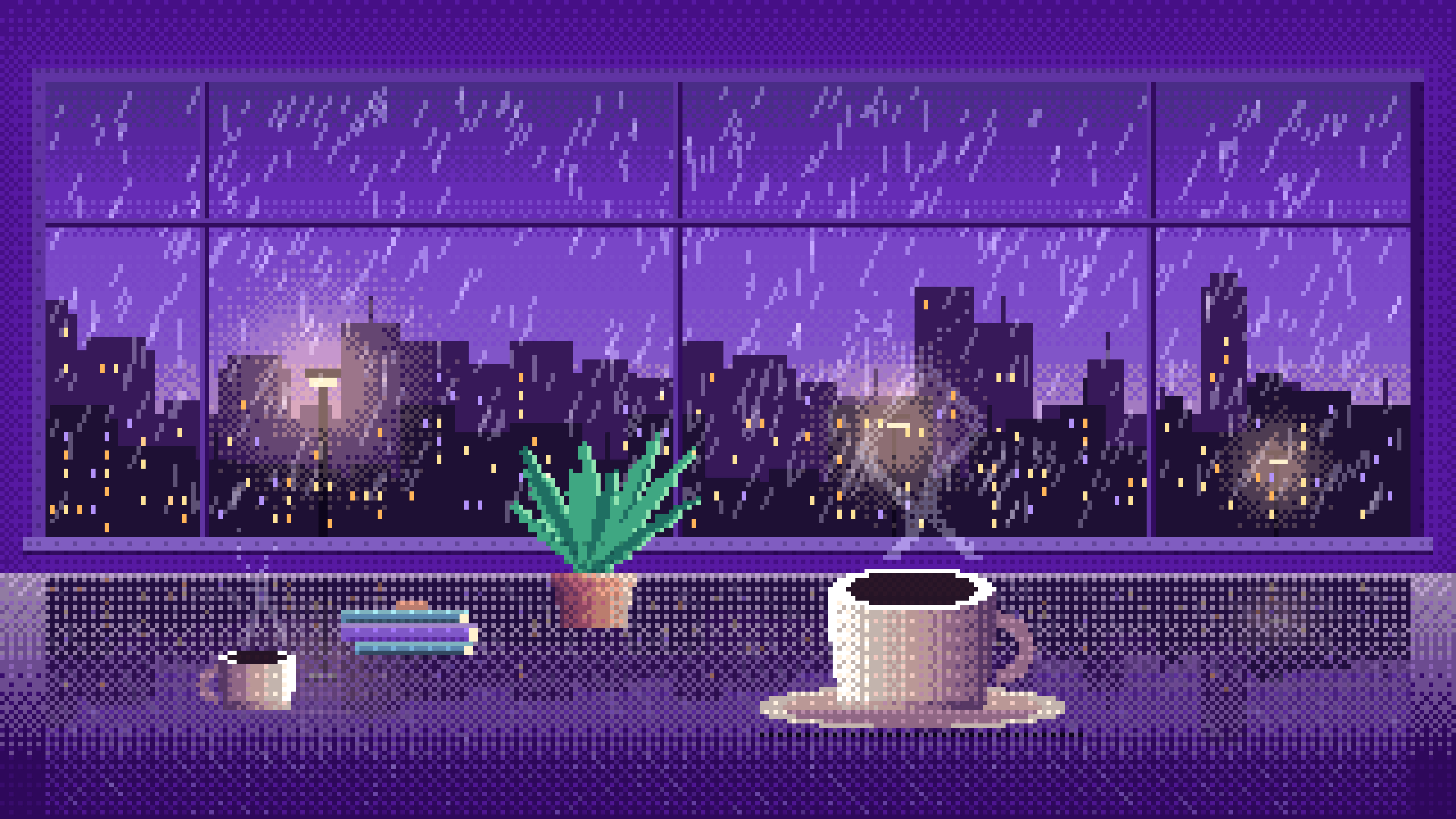 Purple Pixel Art Coffee by a Rainy Window desktop wallpaper in 4K