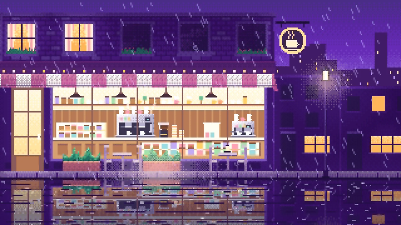 Purple Pixel Art Coffee Shop at Night in the Rain desktop wallpaper in 4K