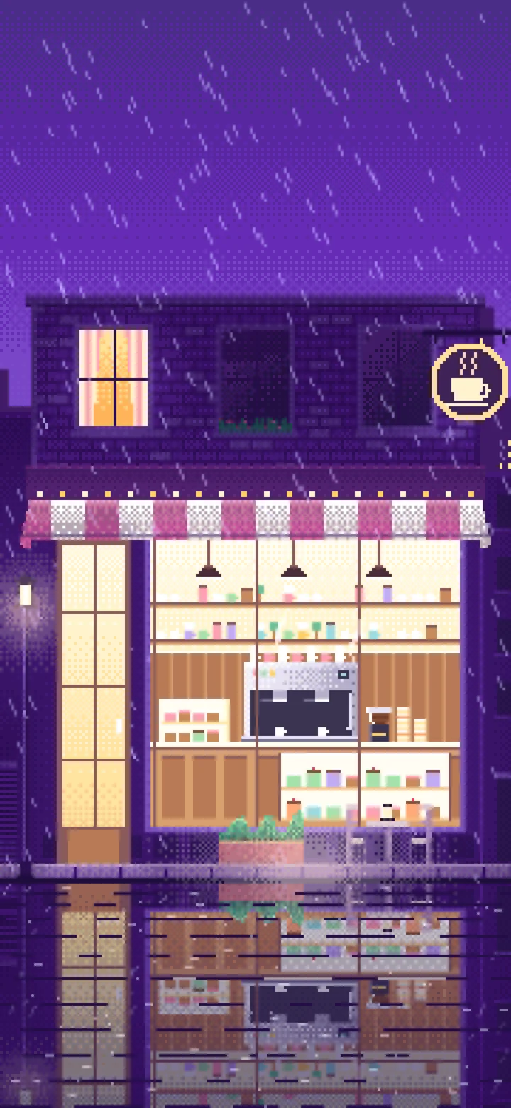 Purple Pixel Art Coffee Shop at Night in the Rain wallpaper for iPhone and Android