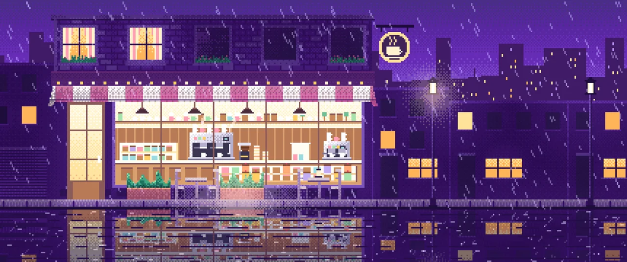 Purple Pixel Art Coffee Shop at Night in the Rain ultrawide wallpaper, 3440 × 1440