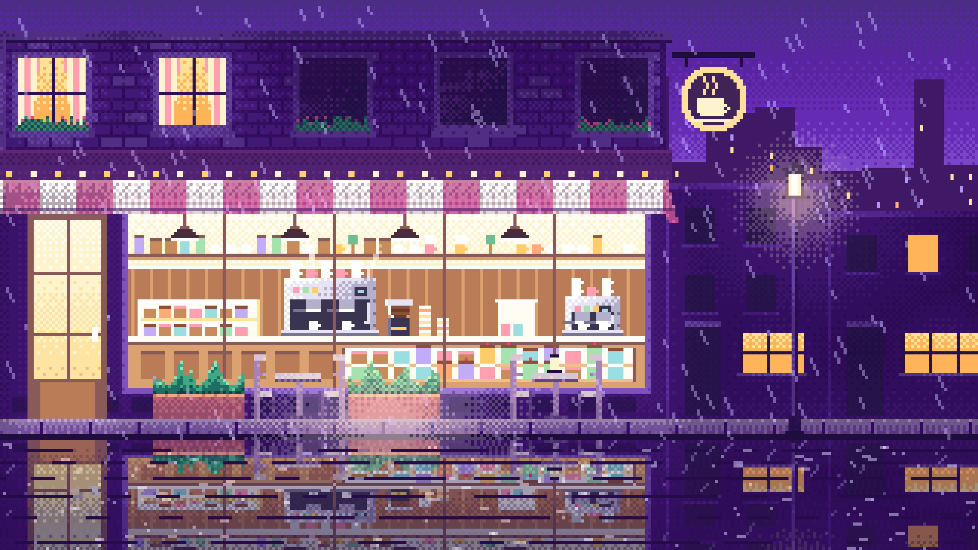 Purple Pixel Art Coffee Shop at Night in the Rain desktop wallpaper in 4K