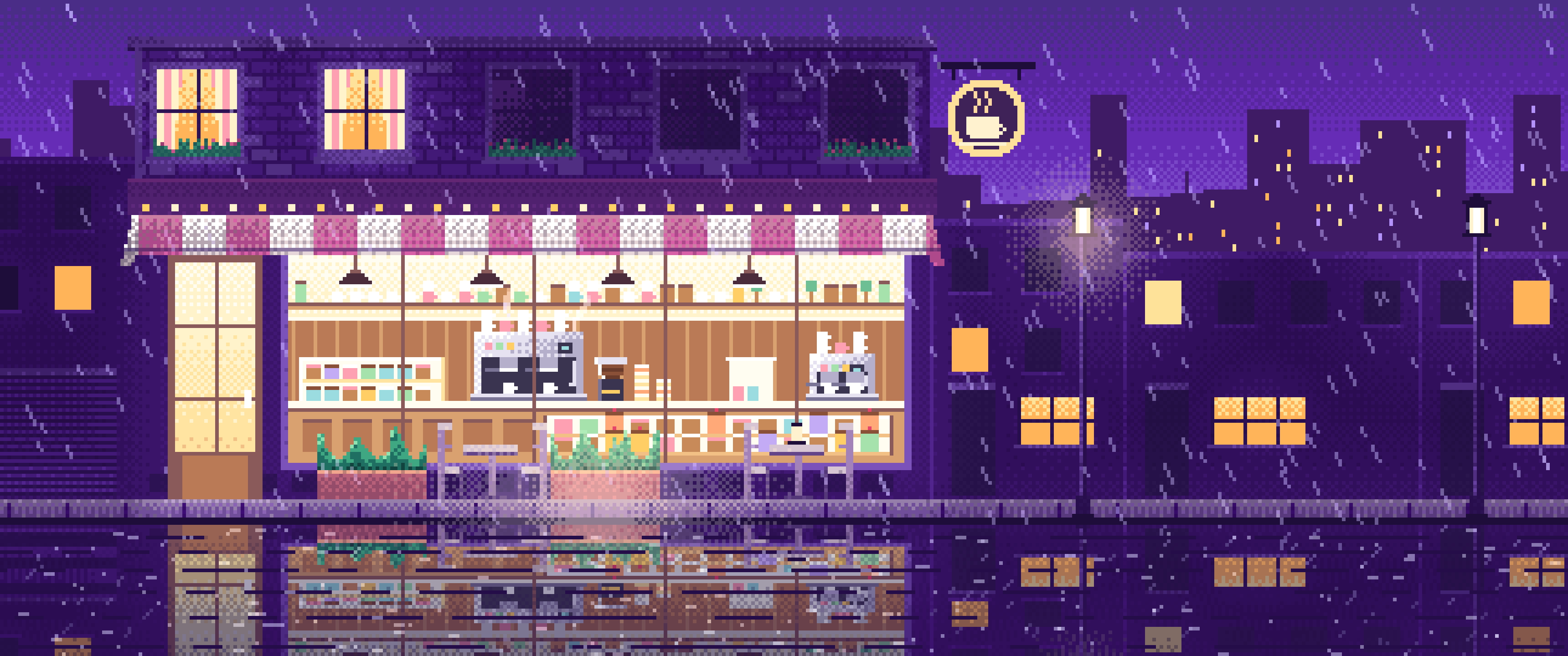 Purple Pixel Art Coffee Shop at Night in the Rain ultrawide wallpaper, 3440 × 1440