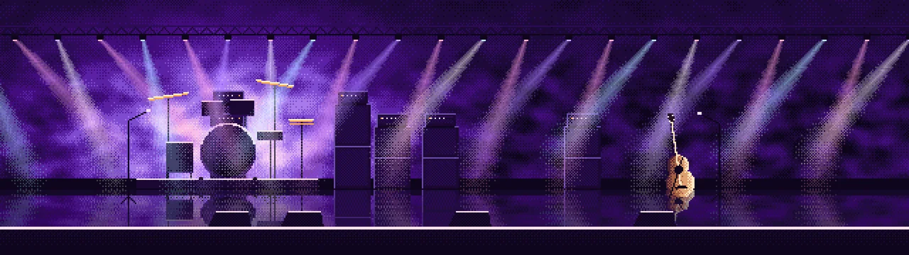 Purple Pixel Art Concert Stage dual monitor wallpaper, 7680 × 2160