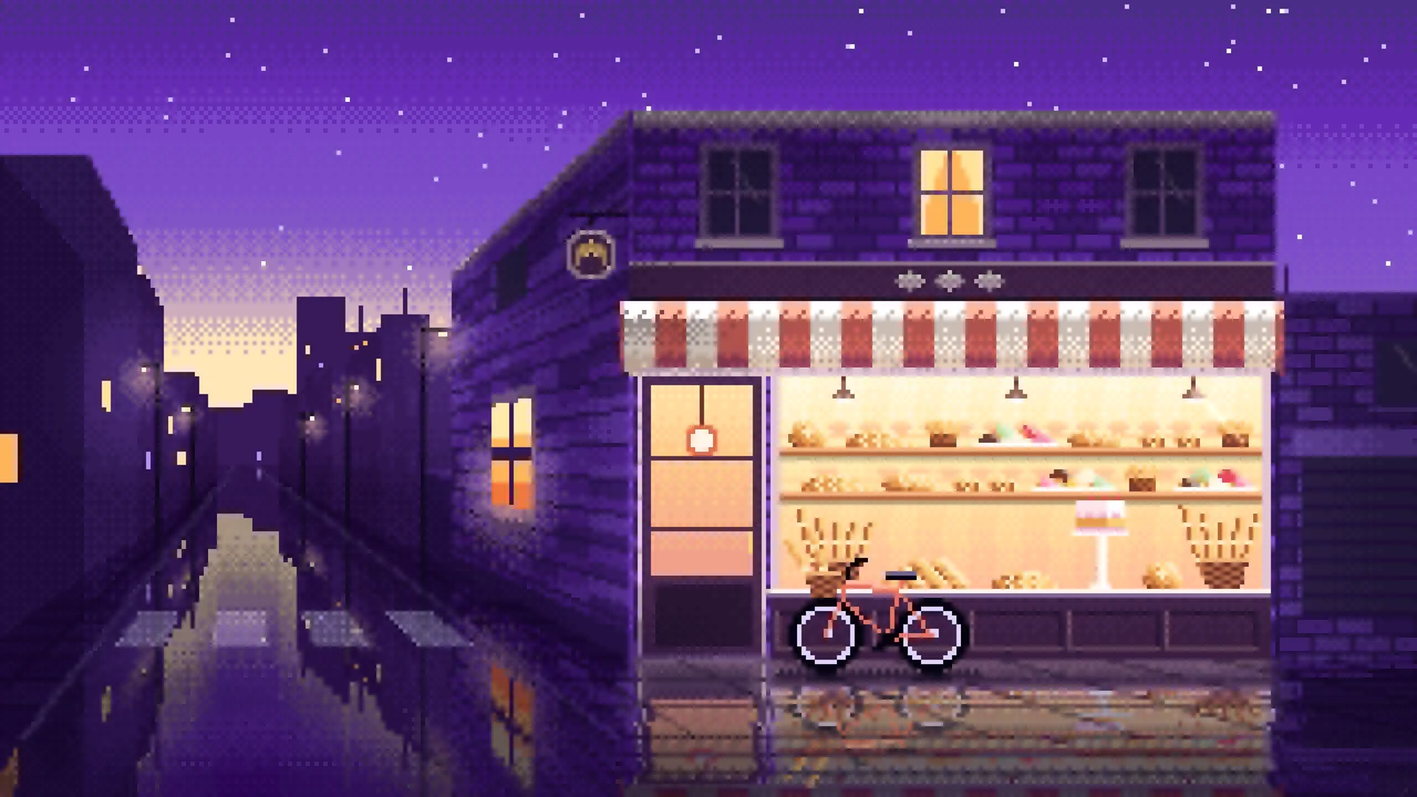 Purple Pixel Art Corner Bakery desktop wallpaper in 4K