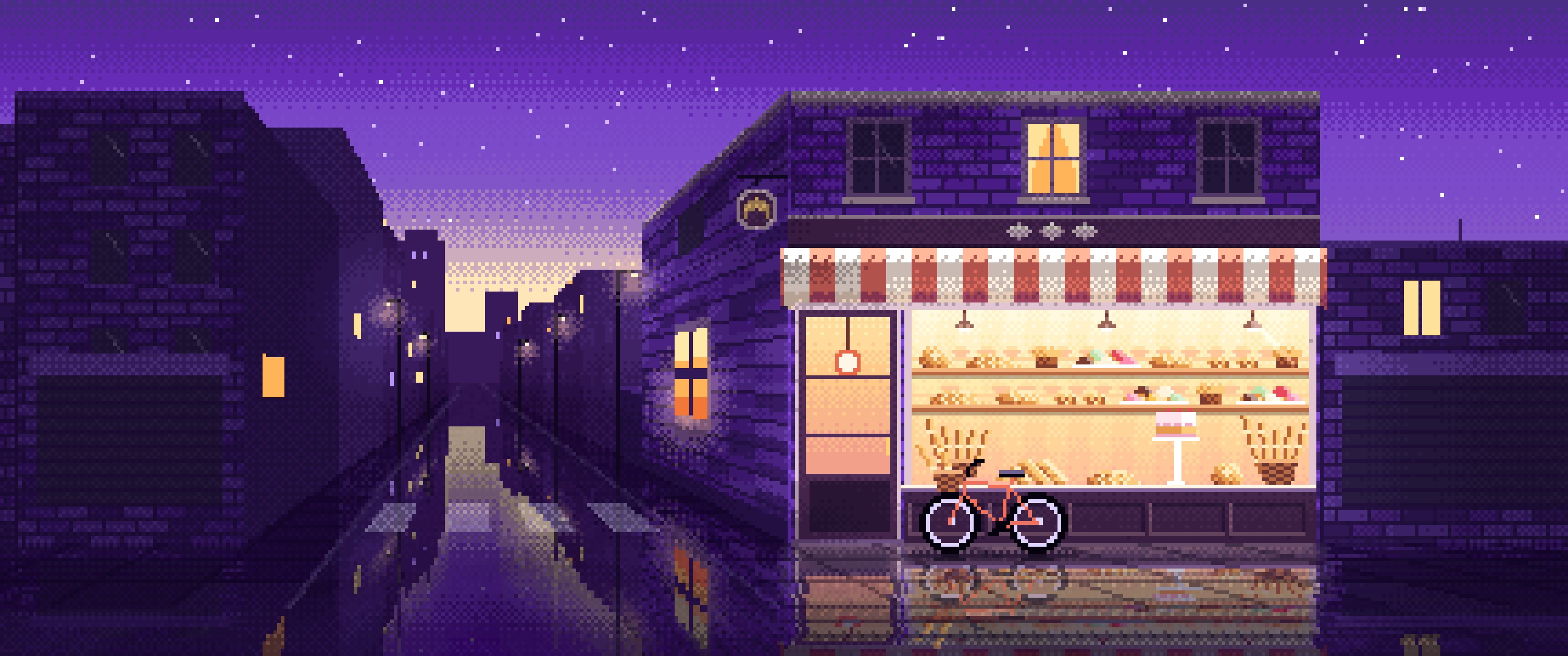 Purple Pixel Art Corner Bakery ultrawide wallpaper, 3440 × 1440
