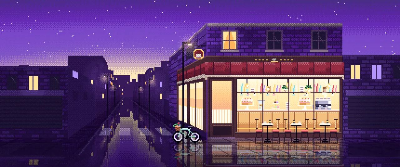Purple Pixel Art Corner Cafe ultrawide wallpaper, 3440 × 1440