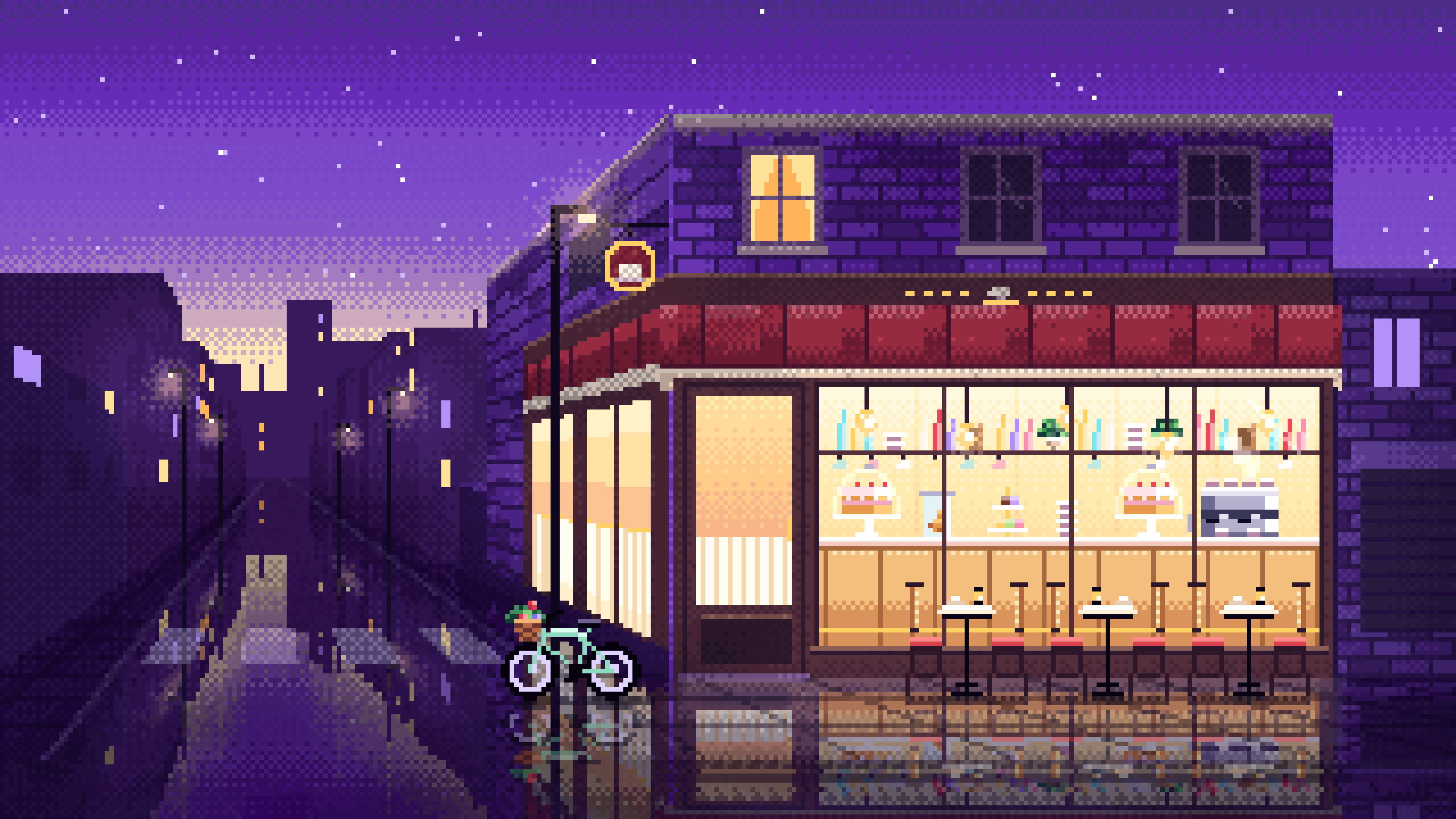 Purple Pixel Art Corner Cafe desktop wallpaper in 4K