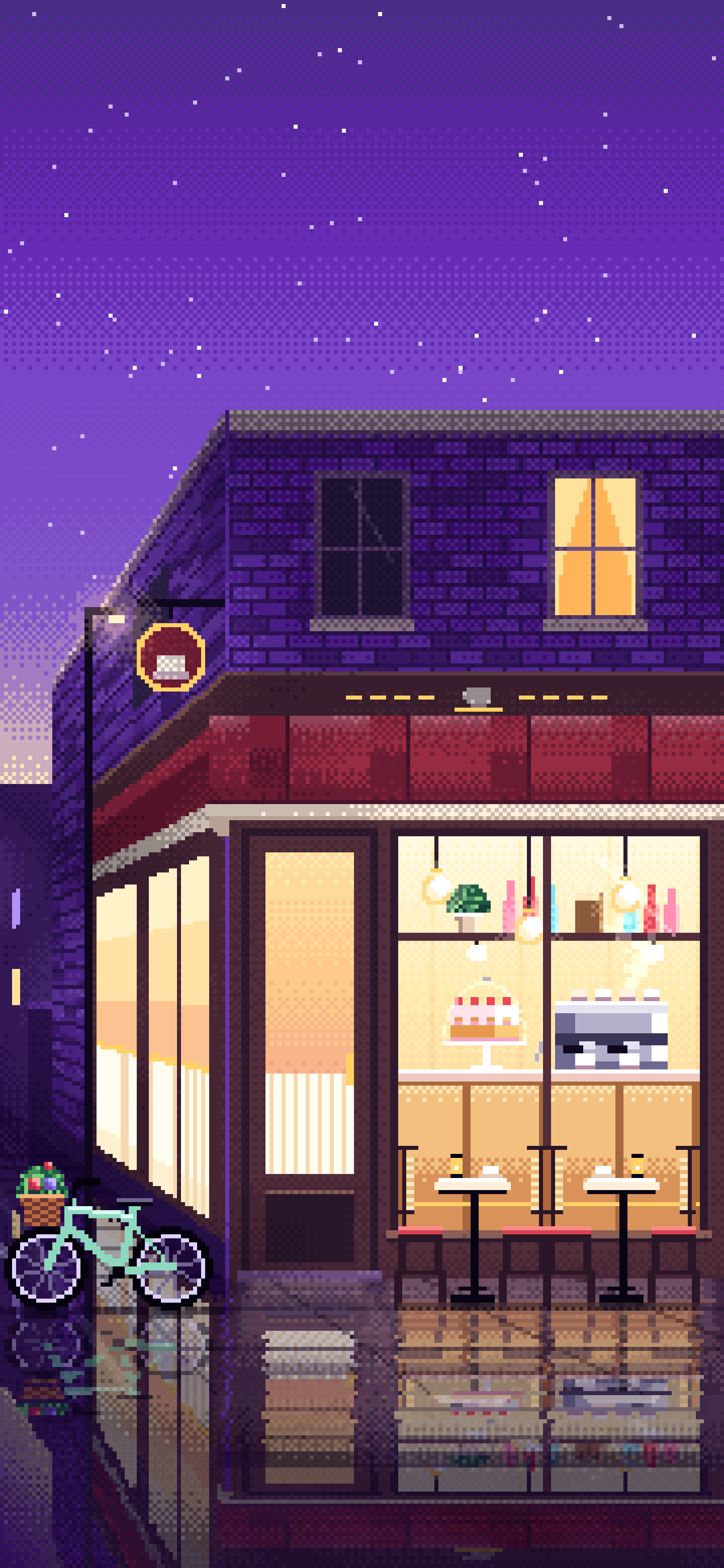 Purple Pixel Art Corner Cafe wallpaper for iPhone and Android