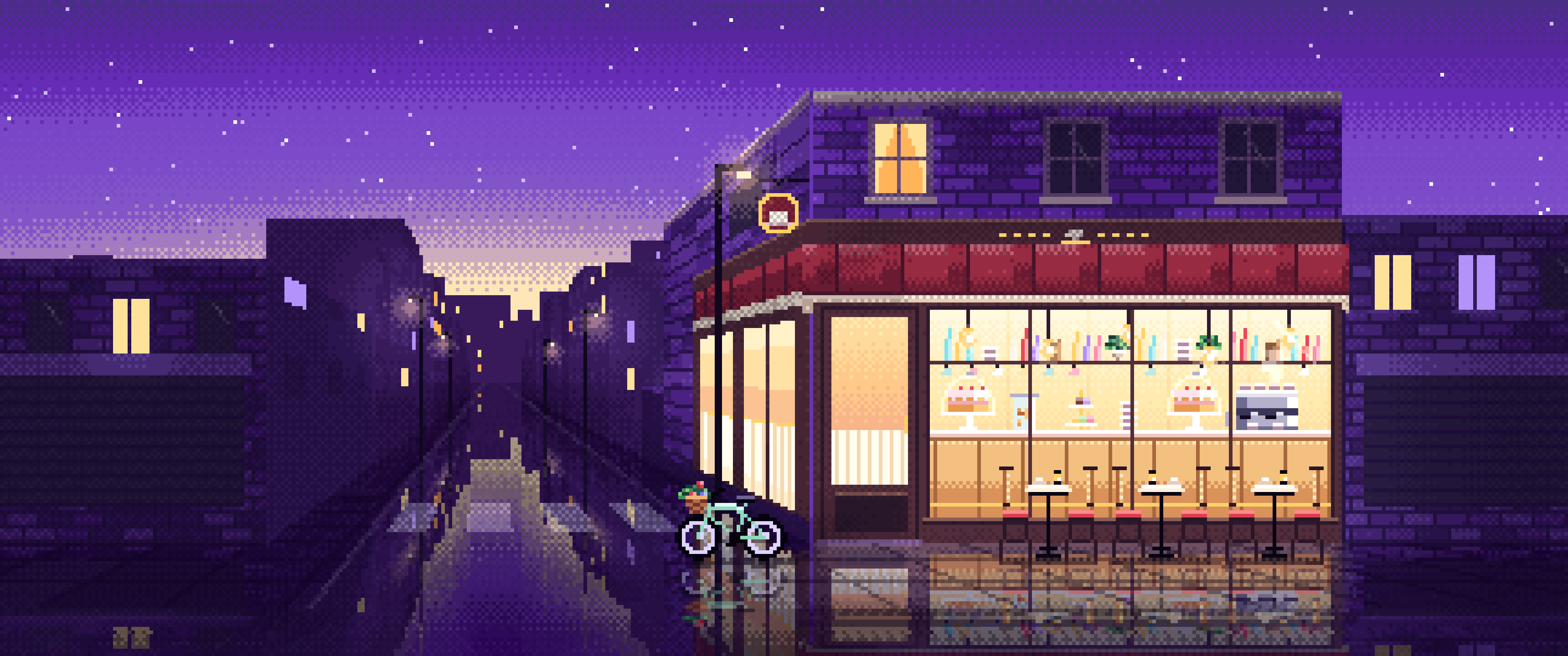 Purple Pixel Art Corner Cafe ultrawide wallpaper, 3440 × 1440