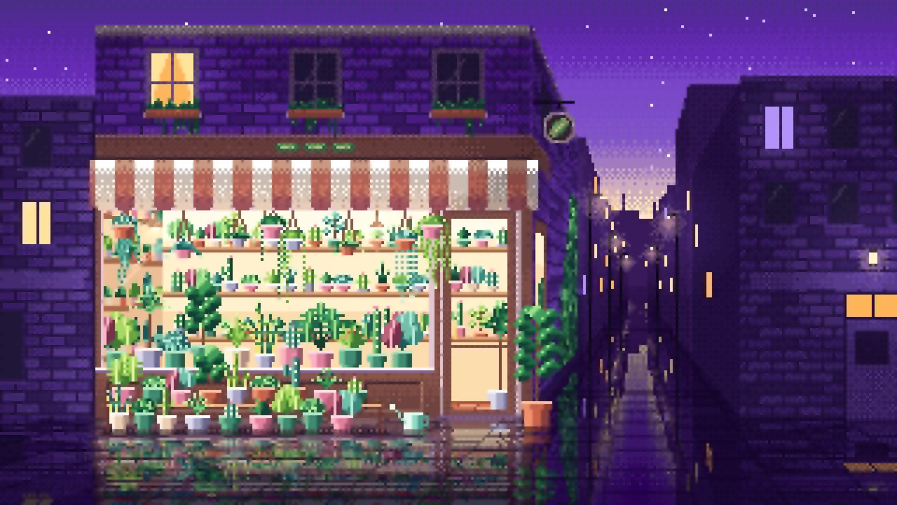 Purple Pixel Art Corner Plant Shop desktop wallpaper in 4K