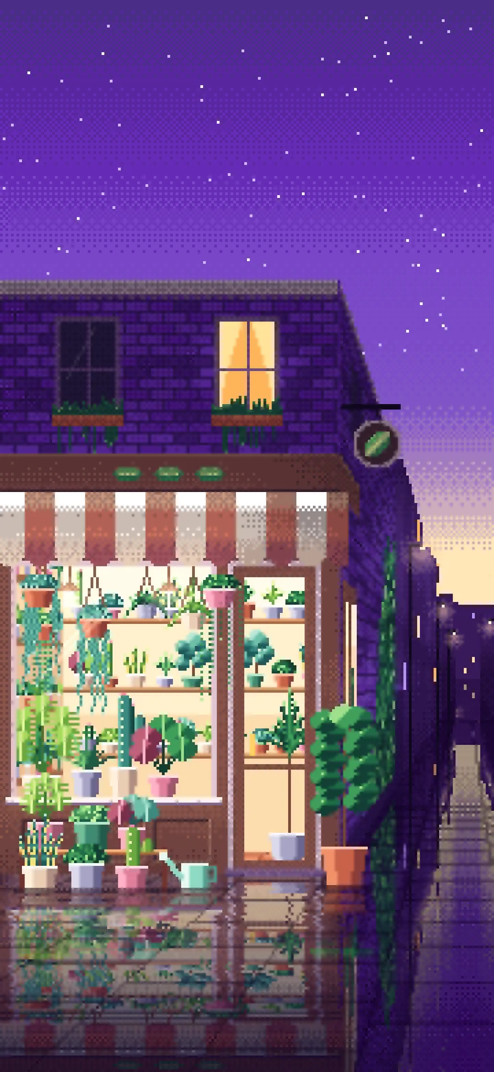 Purple Pixel Art Corner Plant Shop wallpaper for iPhone and Android