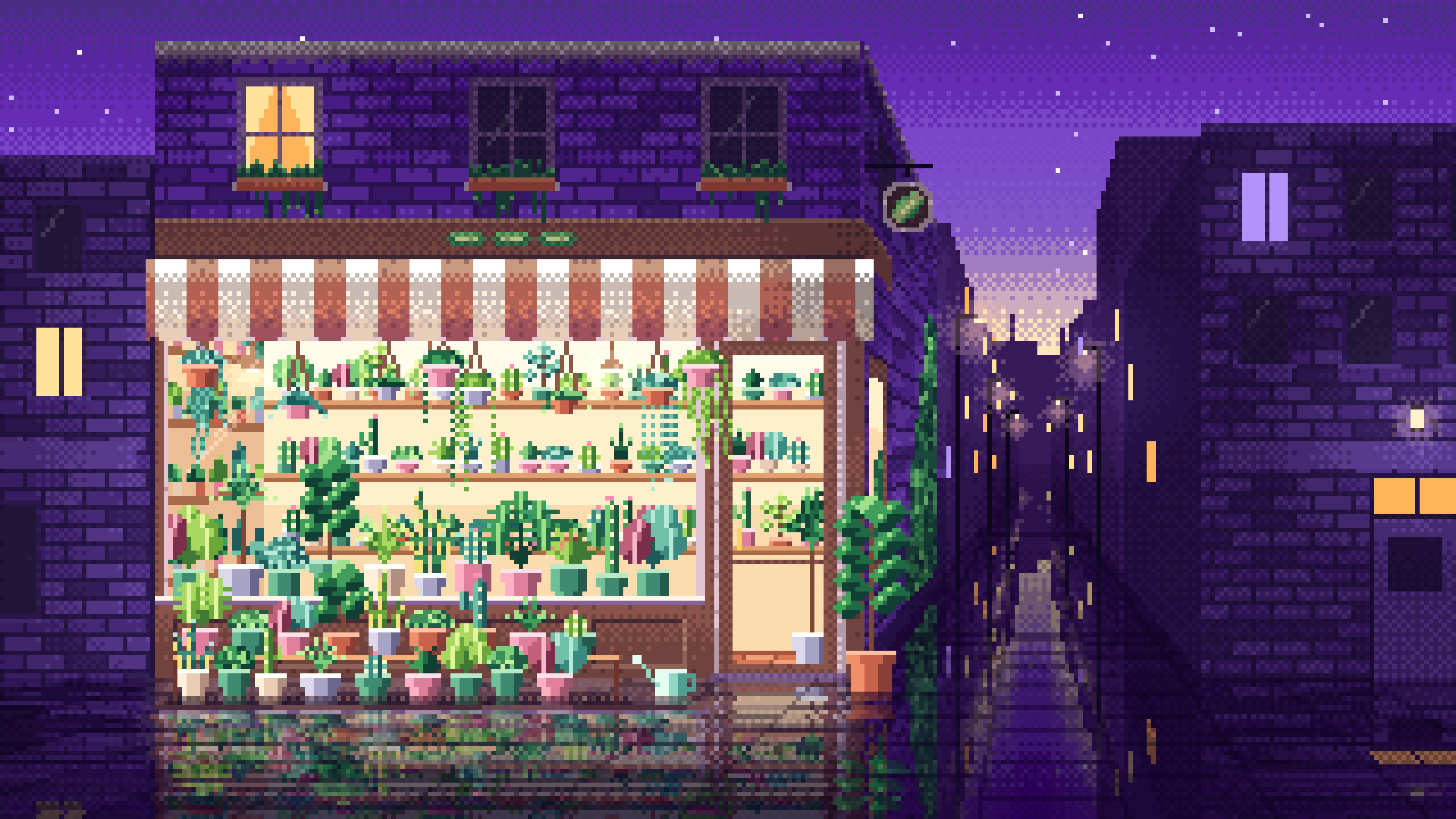 Purple Pixel Art Corner Plant Shop desktop wallpaper in 4K