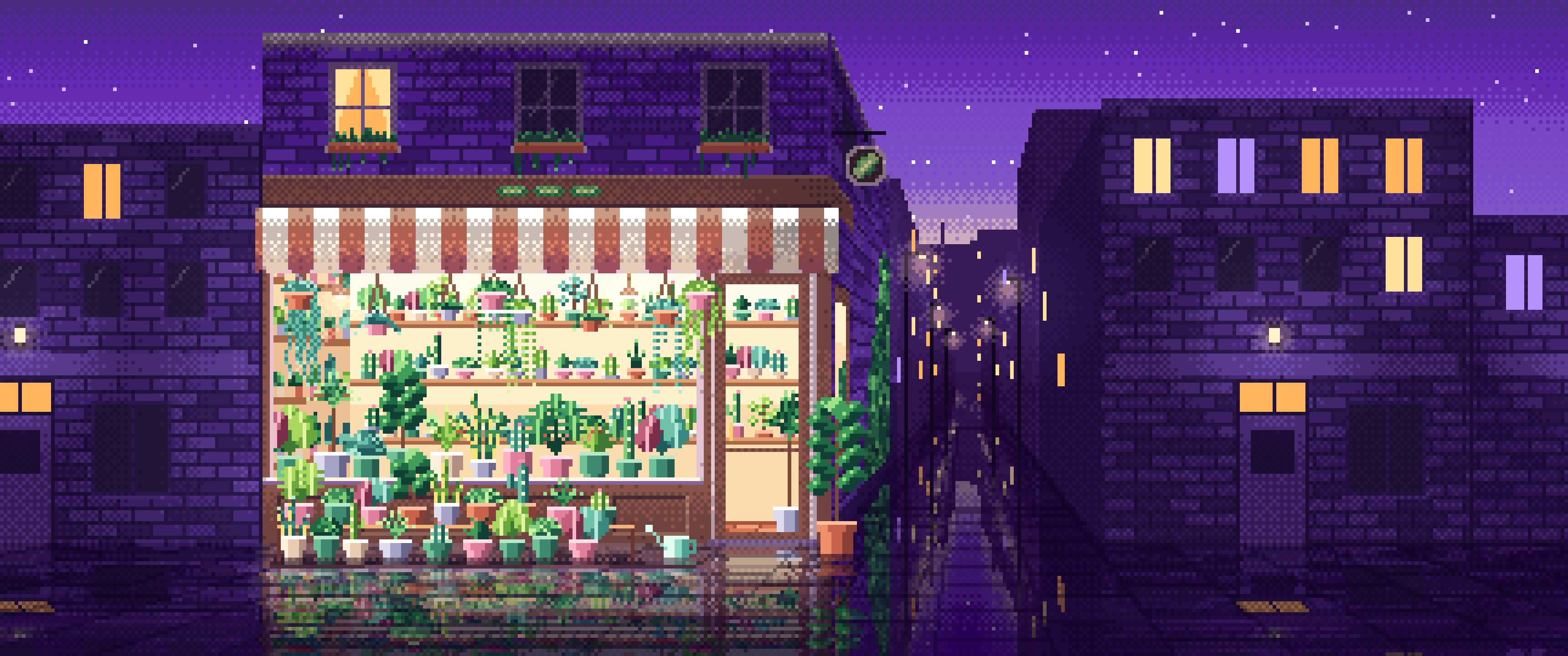 Purple Pixel Art Corner Plant Shop ultrawide wallpaper, 3440 × 1440