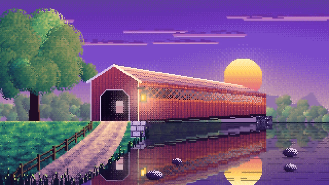 Purple Pixel Art Covered Bridge at Sunset desktop wallpaper in 4K