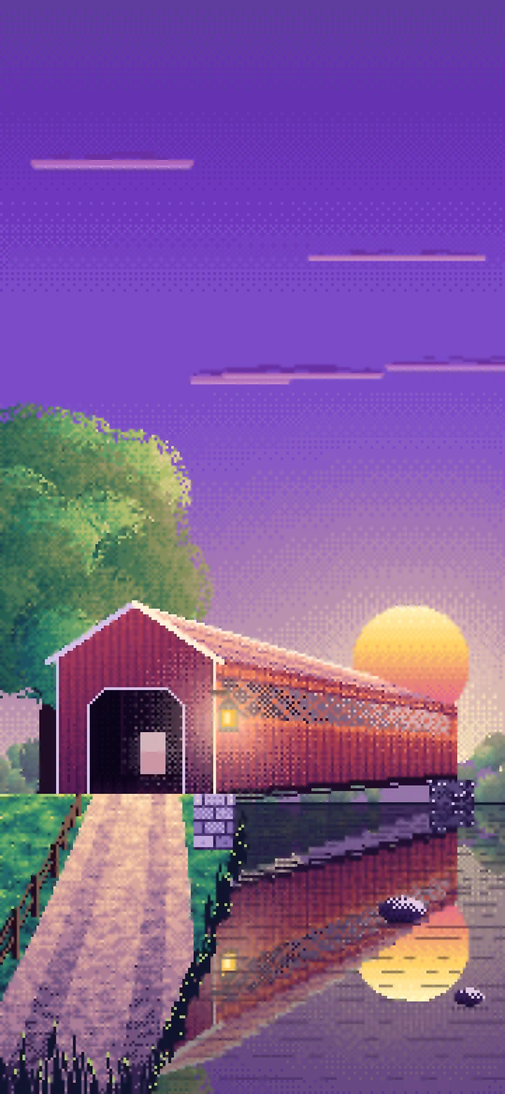 Purple Pixel Art Covered Bridge at Sunset wallpaper for iPhone and Android