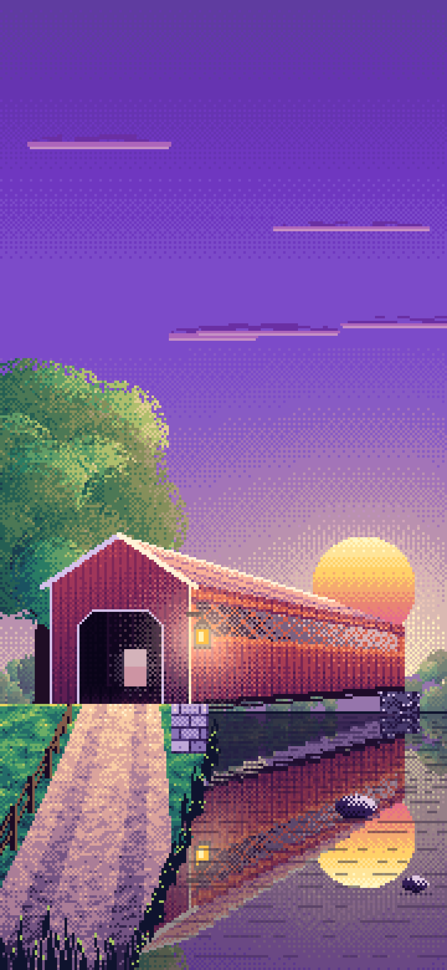 Purple Pixel Art Covered Bridge at Sunset wallpaper for iPhone and Android