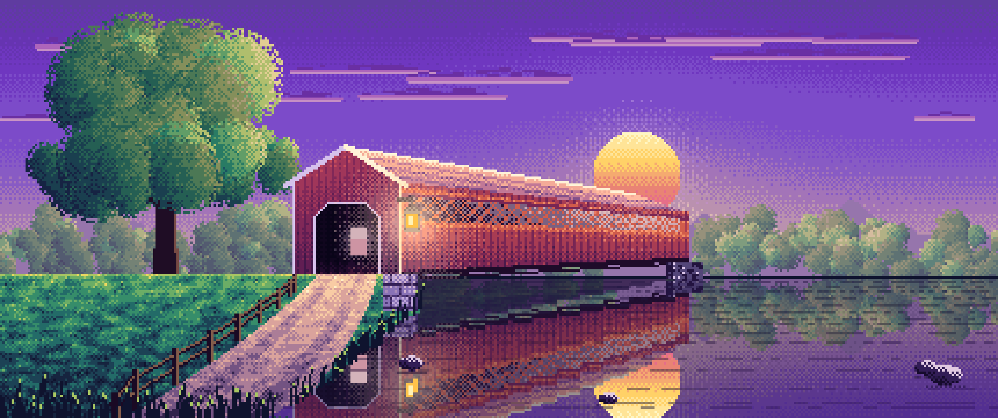Purple Pixel Art Covered Bridge at Sunset ultrawide wallpaper, 3440 × 1440
