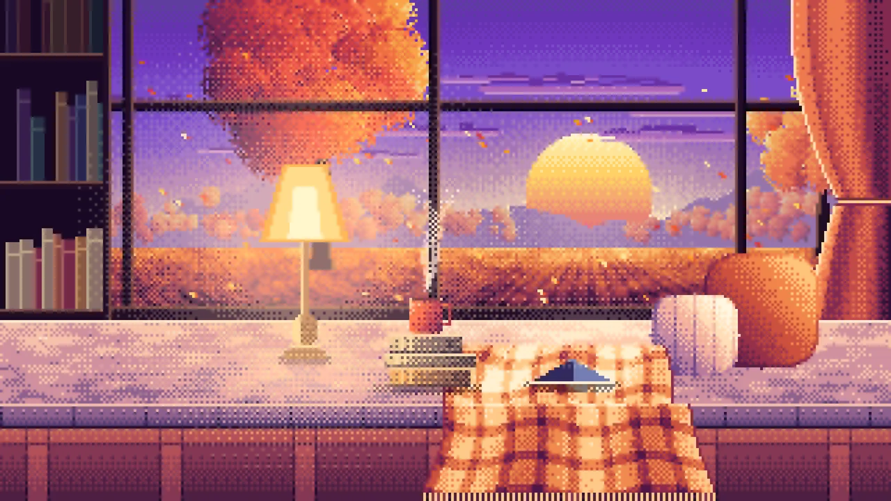Purple Pixel Art Cozy Fall Reading Nook at Sunset desktop wallpaper in 4K