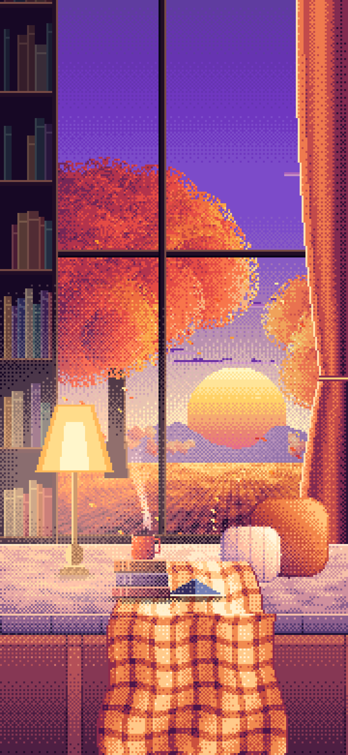 Purple Pixel Art Cozy Fall Reading Nook at Sunset wallpaper for iPhone and Android