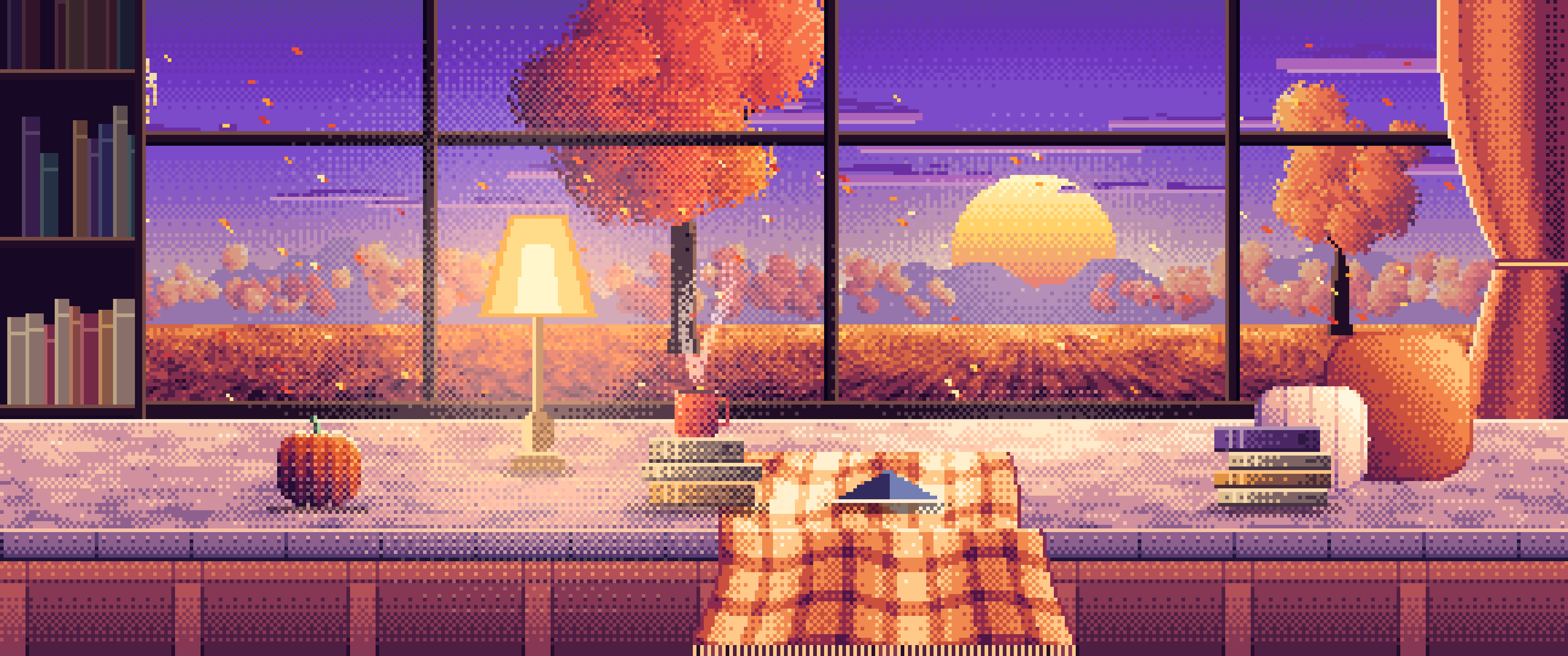 Purple Pixel Art Cozy Fall Reading Nook at Sunset ultrawide wallpaper, 3440 × 1440