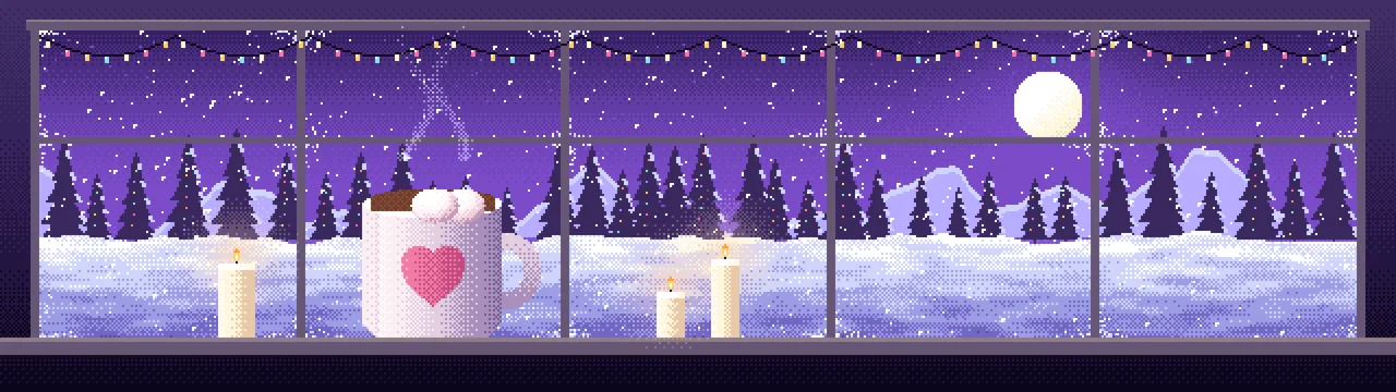 Purple Pixel Art Cozy Winter Window dual monitor wallpaper, 7680 × 2160