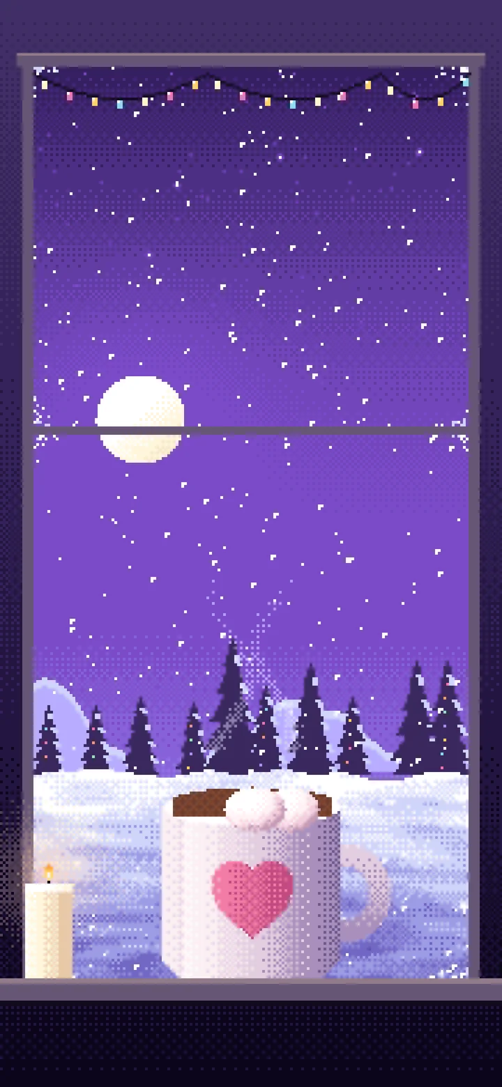 Purple Pixel Art Cozy Winter Window wallpaper for iPhone and Android