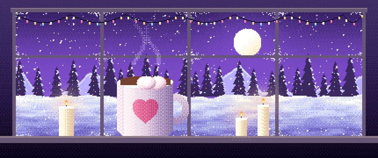 Purple Pixel Art Cozy Winter Window ultrawide wallpaper, 3440 × 1440