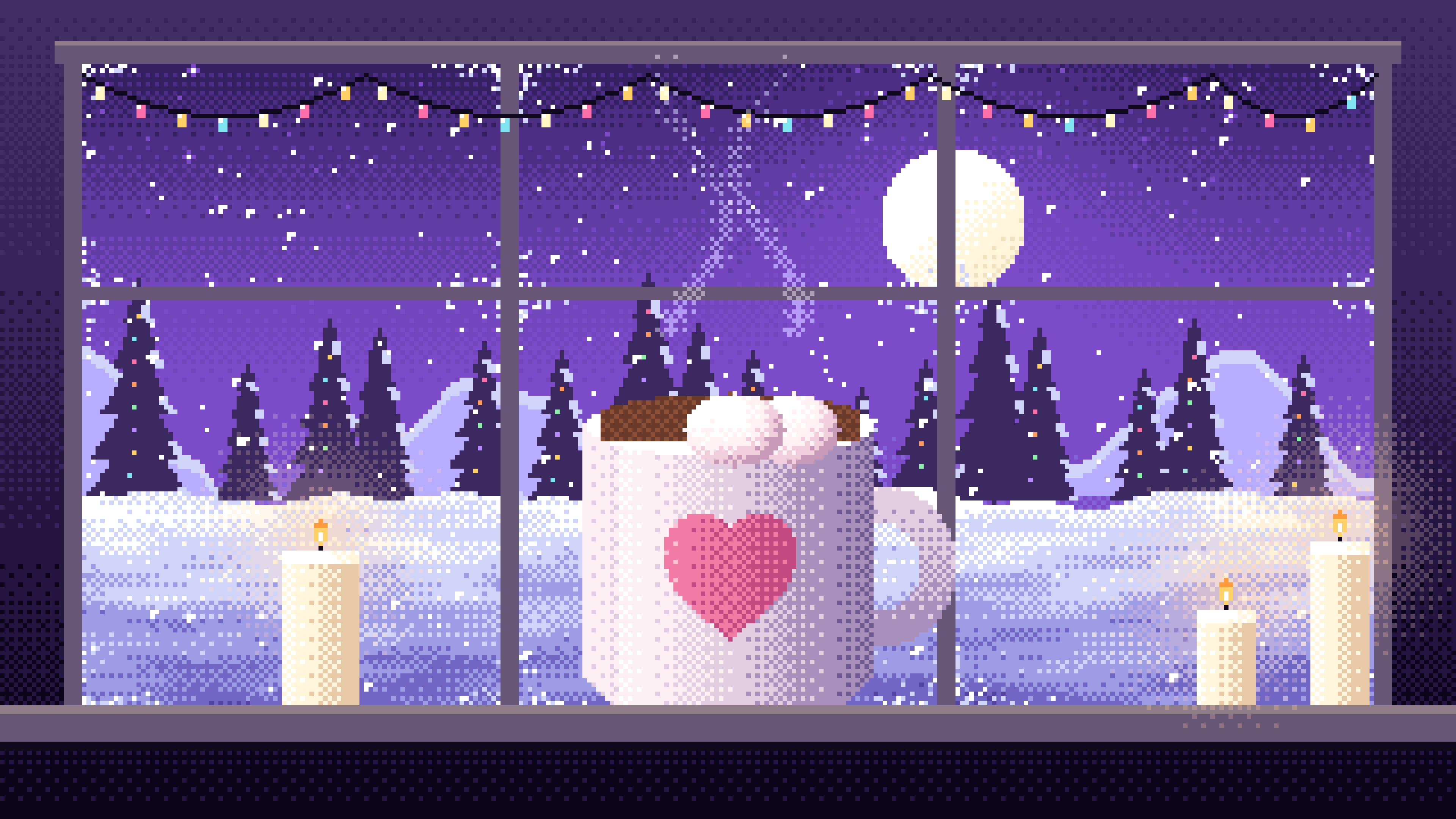 Purple Pixel Art Cozy Winter Window desktop wallpaper in 4K