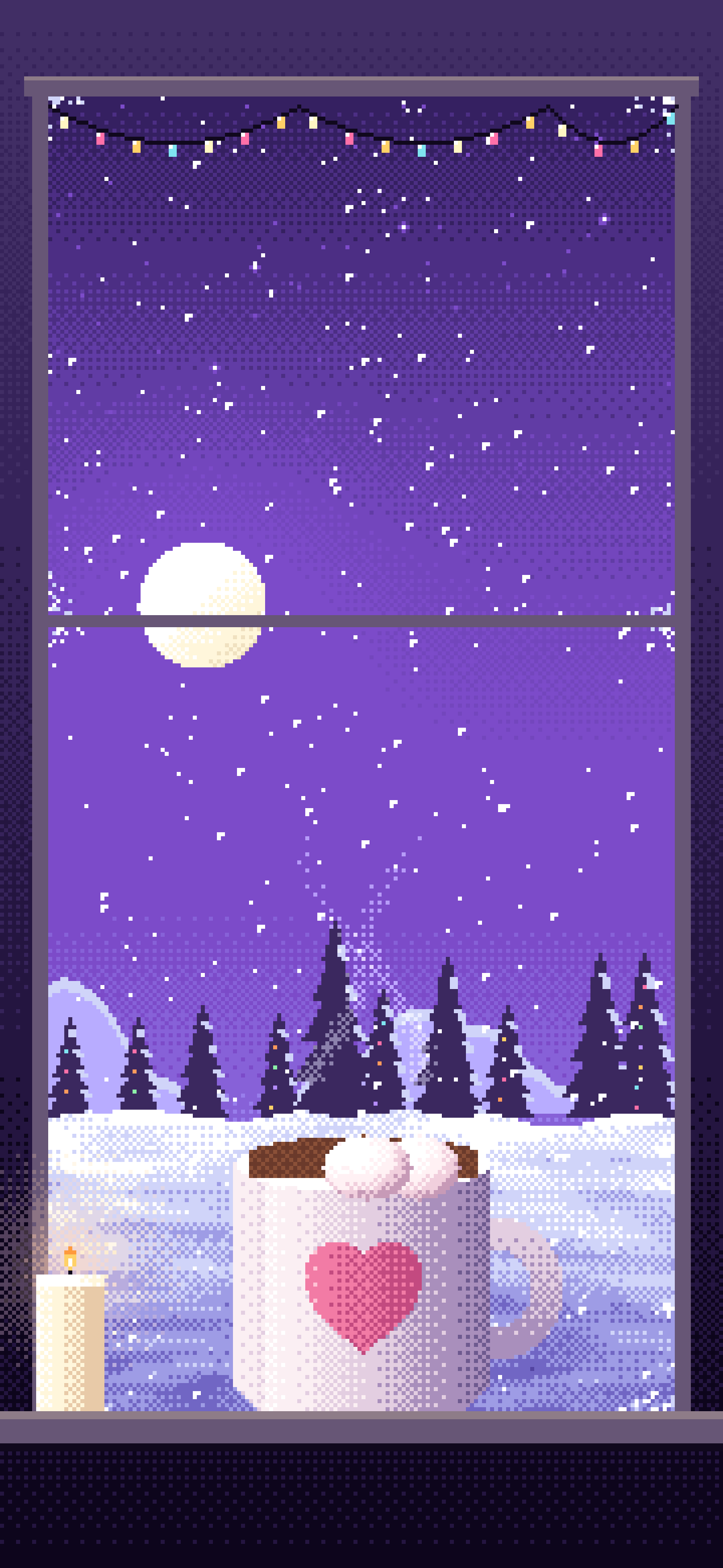 Purple Pixel Art Cozy Winter Window wallpaper for iPhone and Android